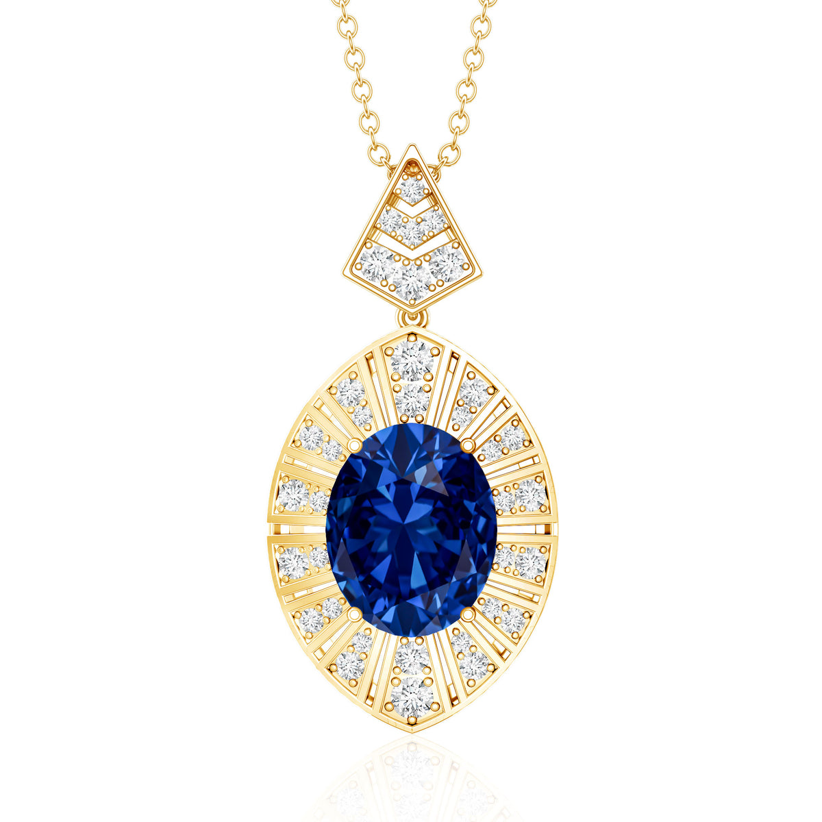 Lab Grown Blue Sapphire Art Deco Necklace with Diamond Accent AAAA - Rosec Jewels