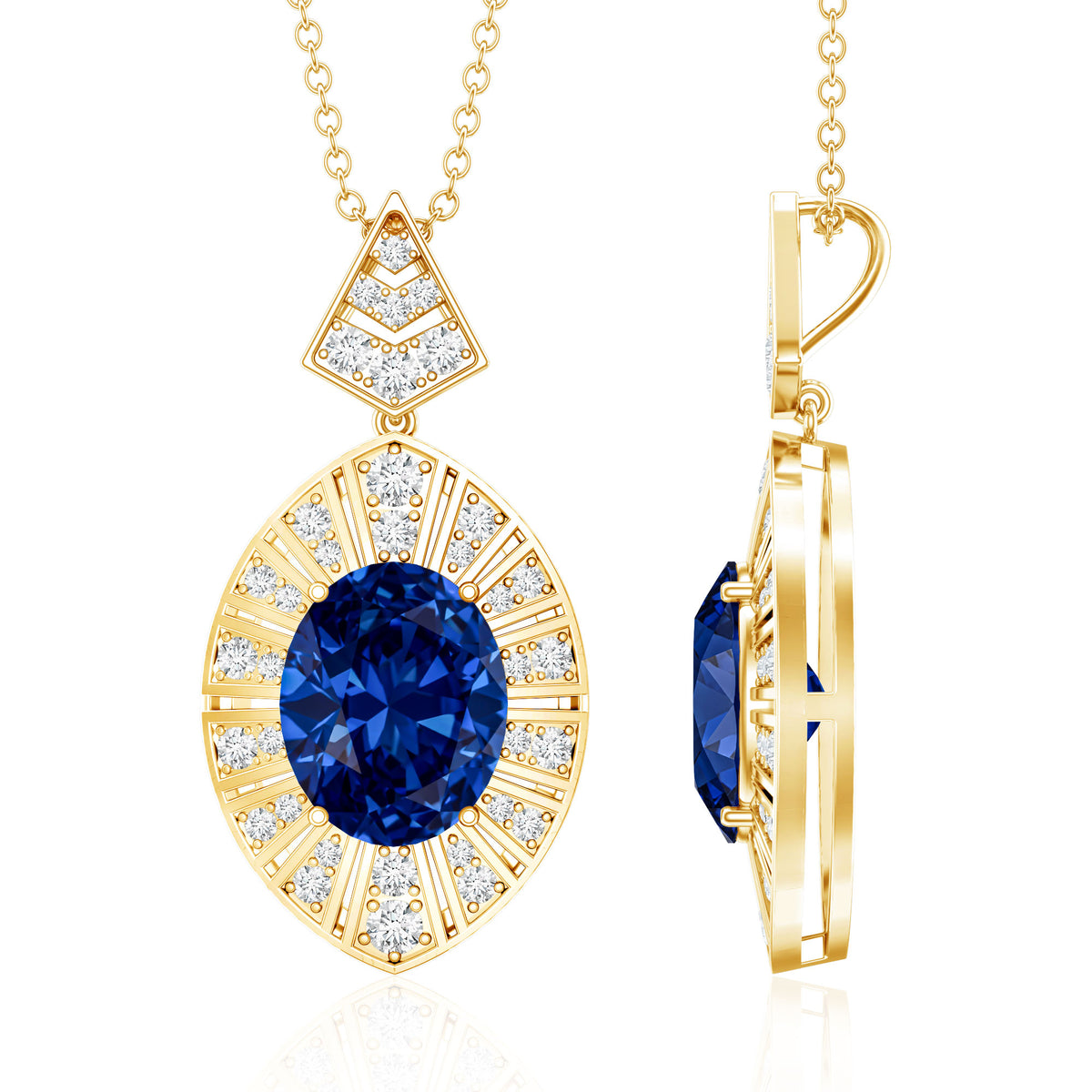 Lab Grown Blue Sapphire Art Deco Necklace with Diamond Accent AAAA - Rosec Jewels