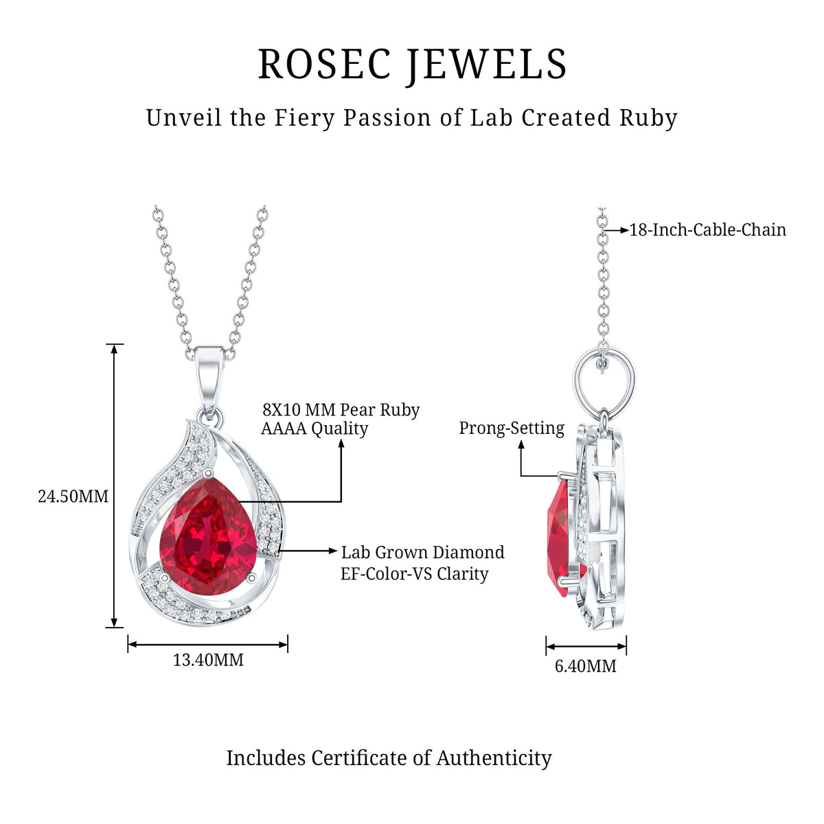 Designer Lab Created Ruby Teardrop Pendant Necklace with Diamond AAAA - Rosec Jewels