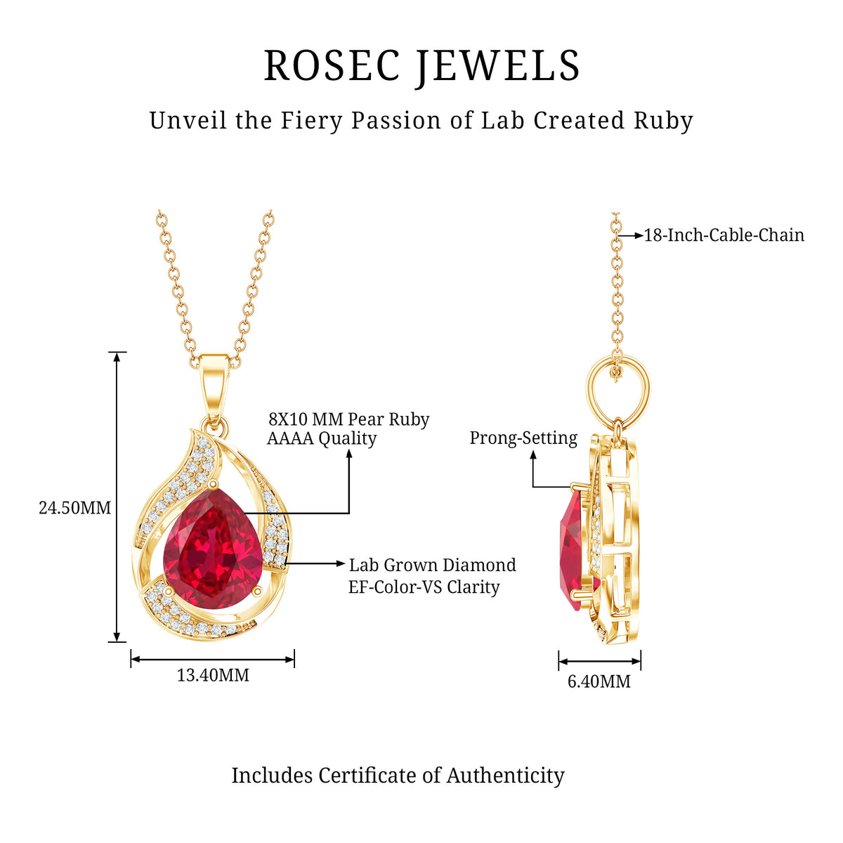 Designer Lab Created Ruby Teardrop Pendant Necklace with Diamond AAAA - Rosec Jewels