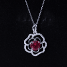 Certified Lab Grown Ruby Rose Pendant Necklace with Diamond Accent AAAA - Rosec Jewels