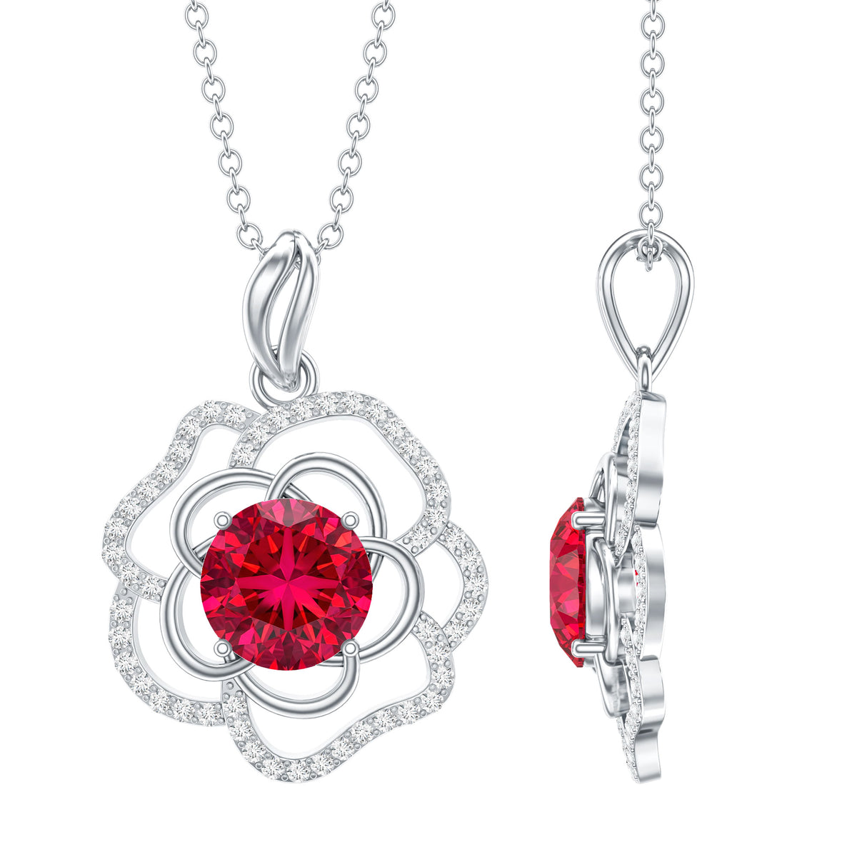 Certified Lab Grown Ruby Rose Pendant Necklace with Diamond Accent AAAA - Rosec Jewels
