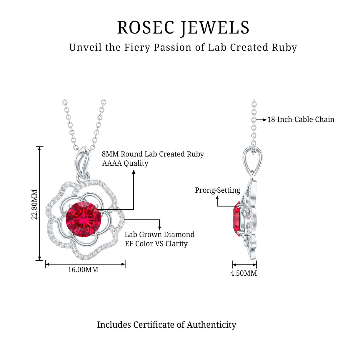 Certified Lab Grown Ruby Rose Pendant Necklace with Diamond Accent AAAA - Rosec Jewels