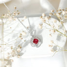 Certified Lab Grown Ruby Rose Pendant Necklace with Diamond Accent AAAA - Rosec Jewels