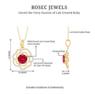 Certified Lab Grown Ruby Rose Pendant Necklace with Diamond Accent AAAA - Rosec Jewels
