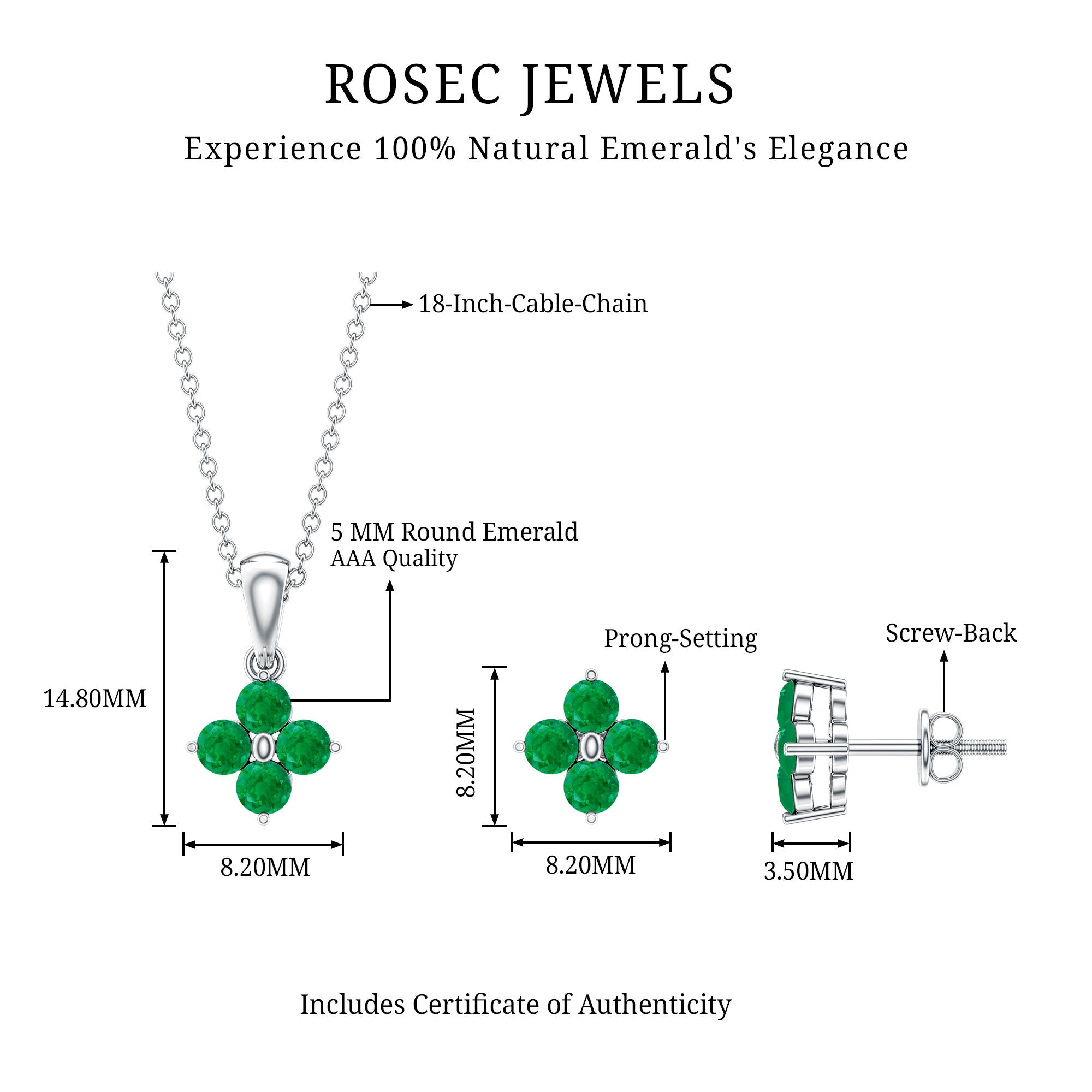 Natural Emerald Clover Jewelry Set for Women AAA - Rosec Jewels