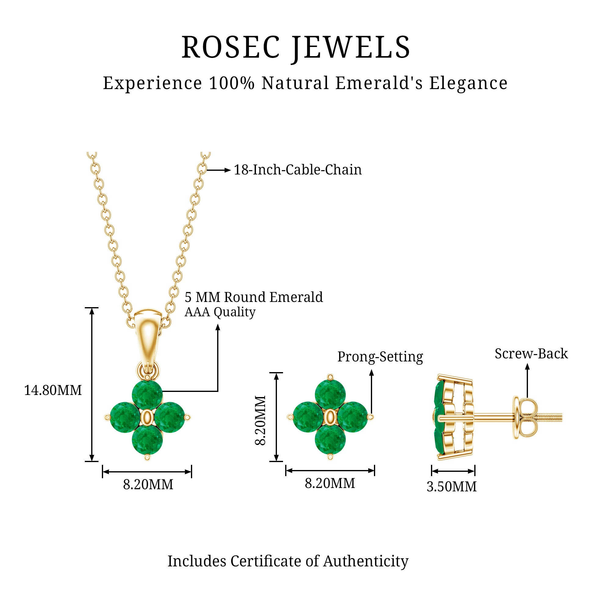 Natural Emerald Clover Jewelry Set for Women AAA - Rosec Jewels