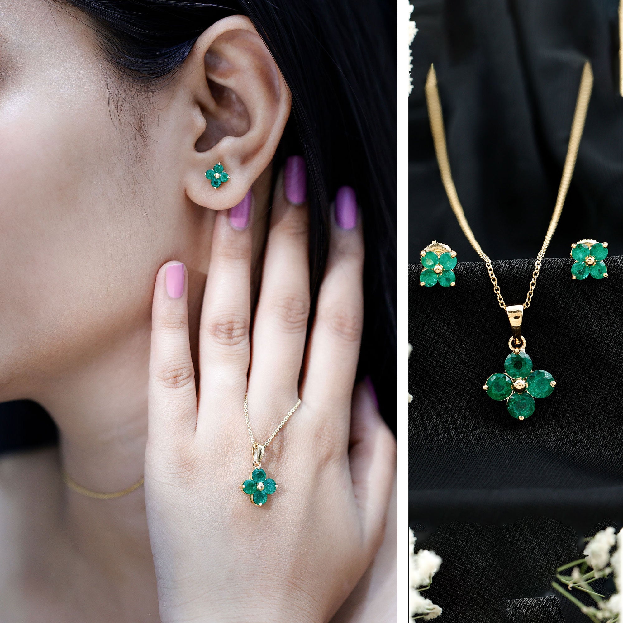 Natural Emerald Clover Jewelry Set for Women AAA - Rosec Jewels