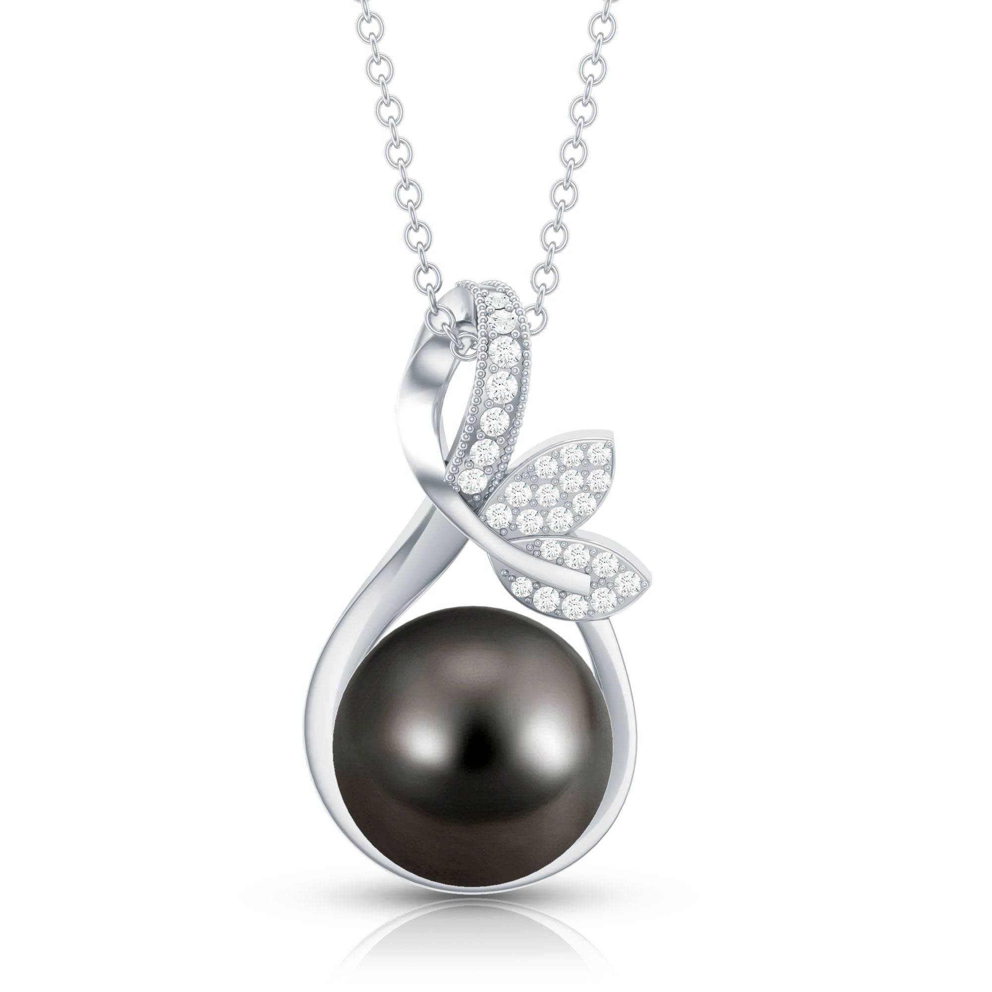 10MM Black Pearl and Diamond Bridal Pendant Necklace AAA - Rosec Jewels