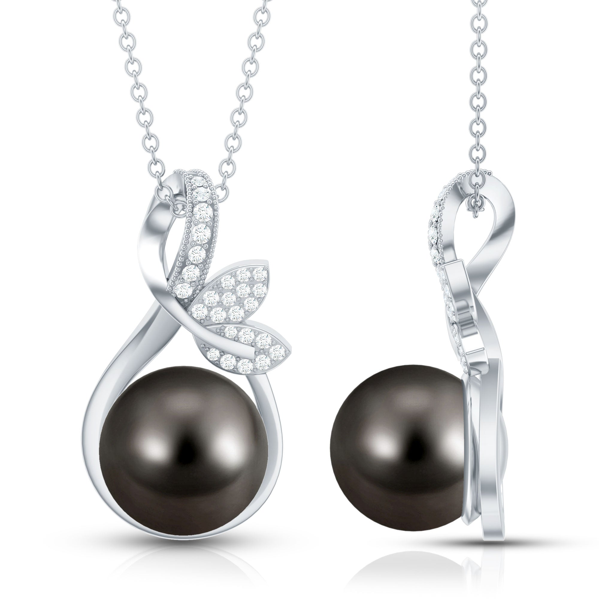 10MM Black Pearl and Diamond Bridal Pendant Necklace AAA - Rosec Jewels