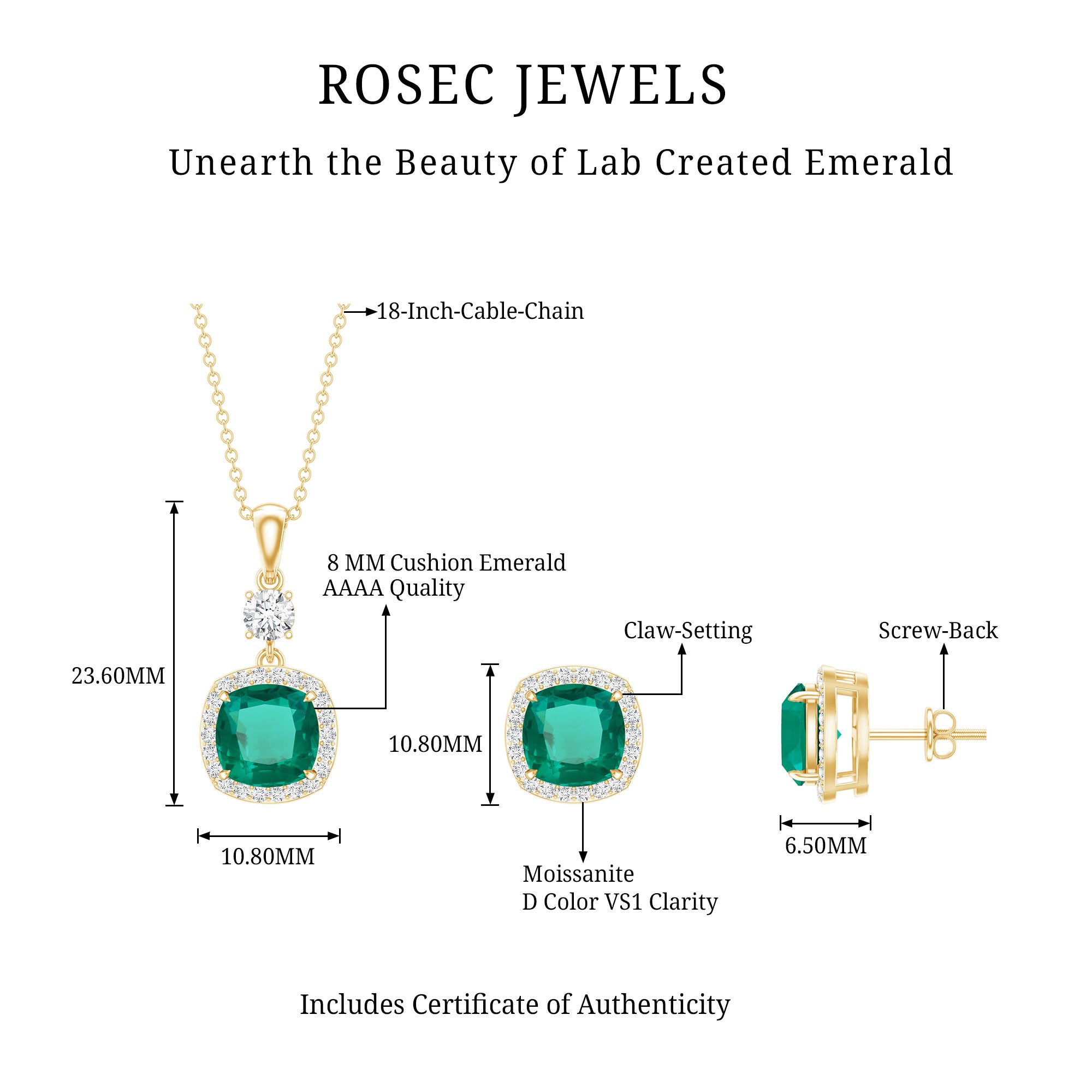 Certified Lab Grown Emerald Bridal Jewelry Set With Moissanite AAAA - Rosec Jewels