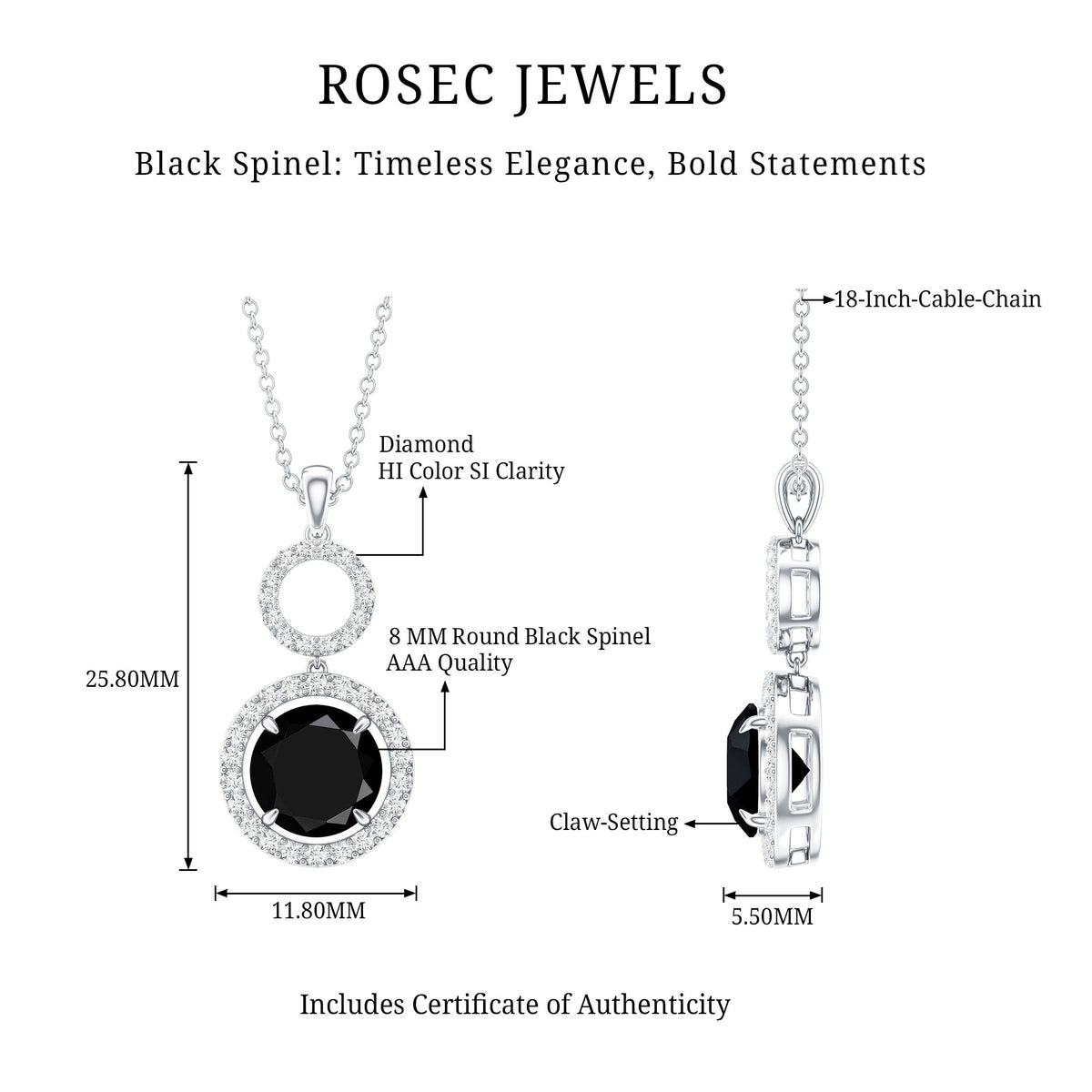 Real 2.6 Carat Black Spinel Drop Pendant Necklace with Diamond AAA - Rosec Jewels