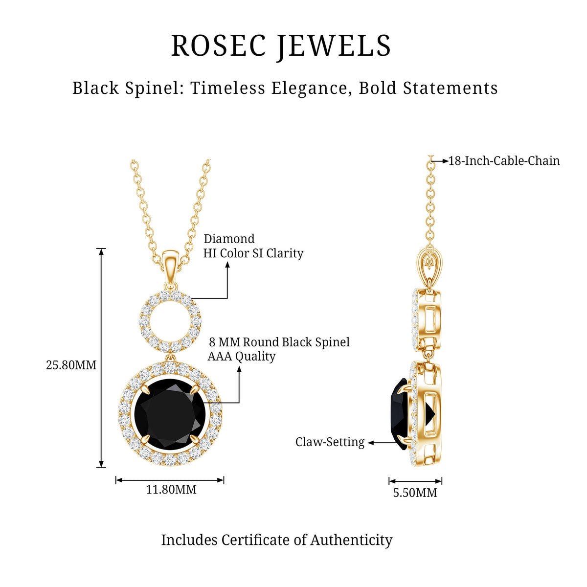 Real 2.6 Carat Black Spinel Drop Pendant Necklace with Diamond AAA - Rosec Jewels