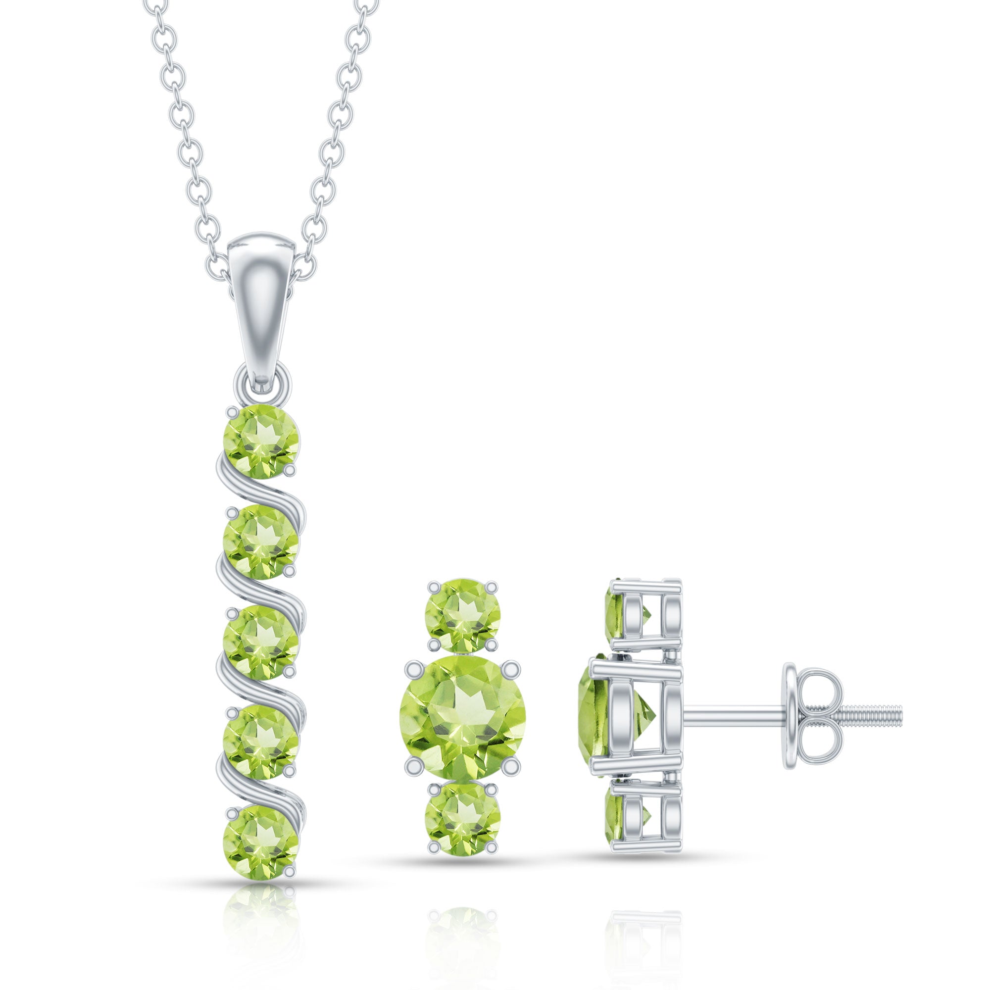 Round Cut Natural Peridot Bar Necklace and Earrings Set AAA - Rosec Jewels