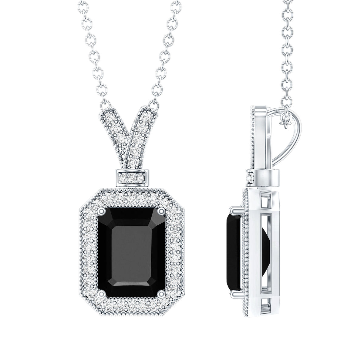 1.68 Carat Emerald Cut Lab Grown Black and White Diamond Vintage Necklace AAAA ( Synthetic ) - Rosec Jewels