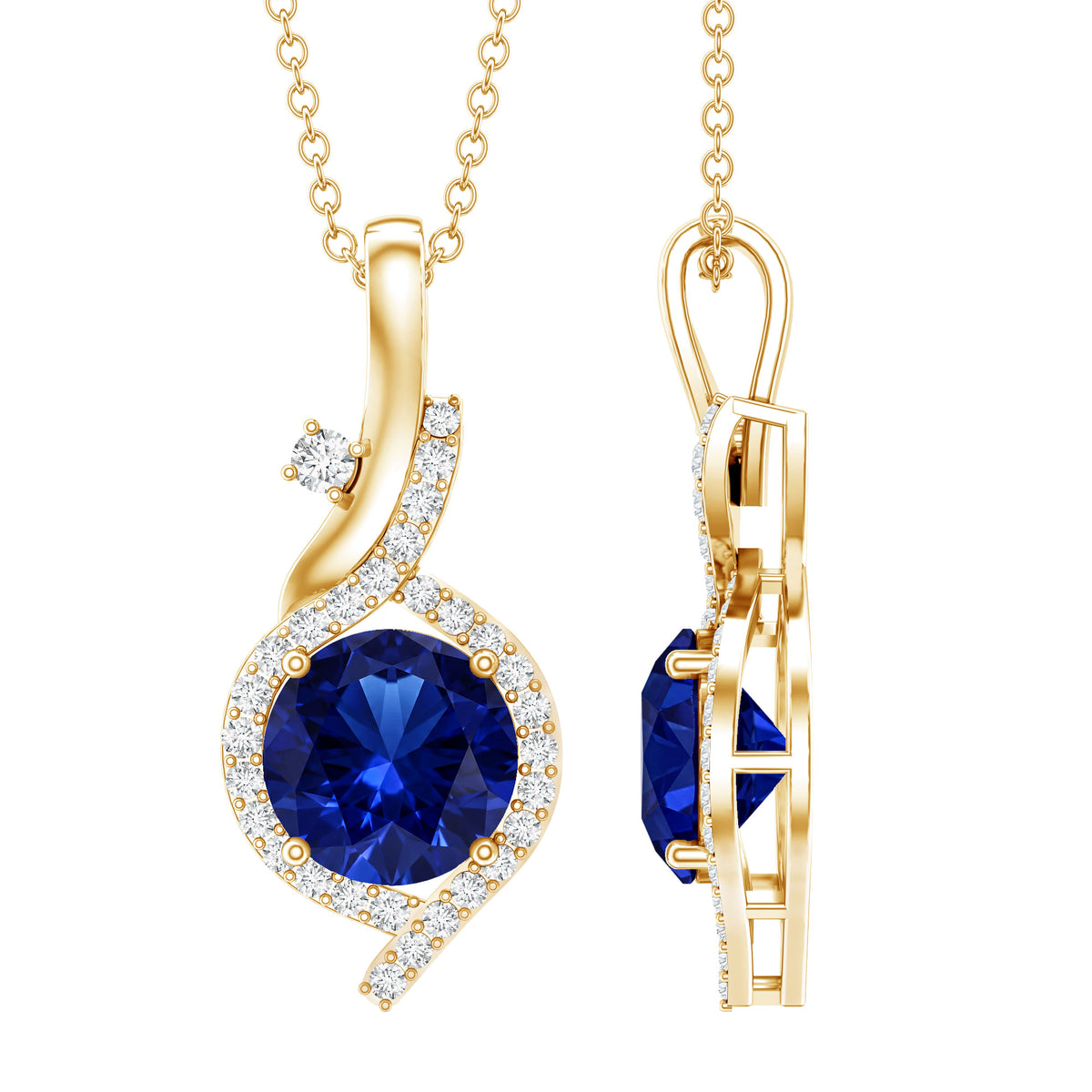 Certified Lab Grown Blue Sapphire Pendant Necklace With Diamonds AAAA - Rosec Jewels