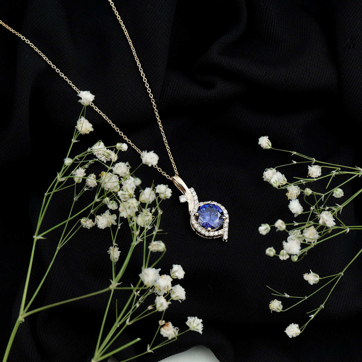Certified Lab Grown Blue Sapphire Pendant Necklace With Diamonds AAAA - Rosec Jewels