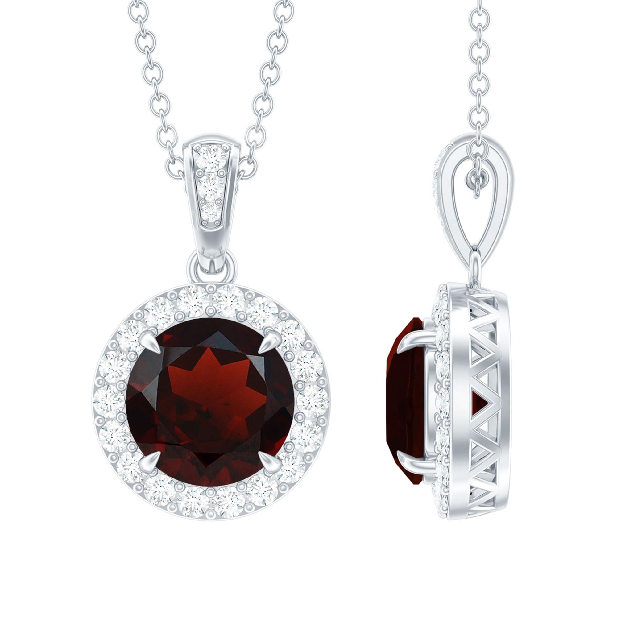 Round Cut 8 MM Garnet and Moissanite Halo Pendant Necklace with Chain