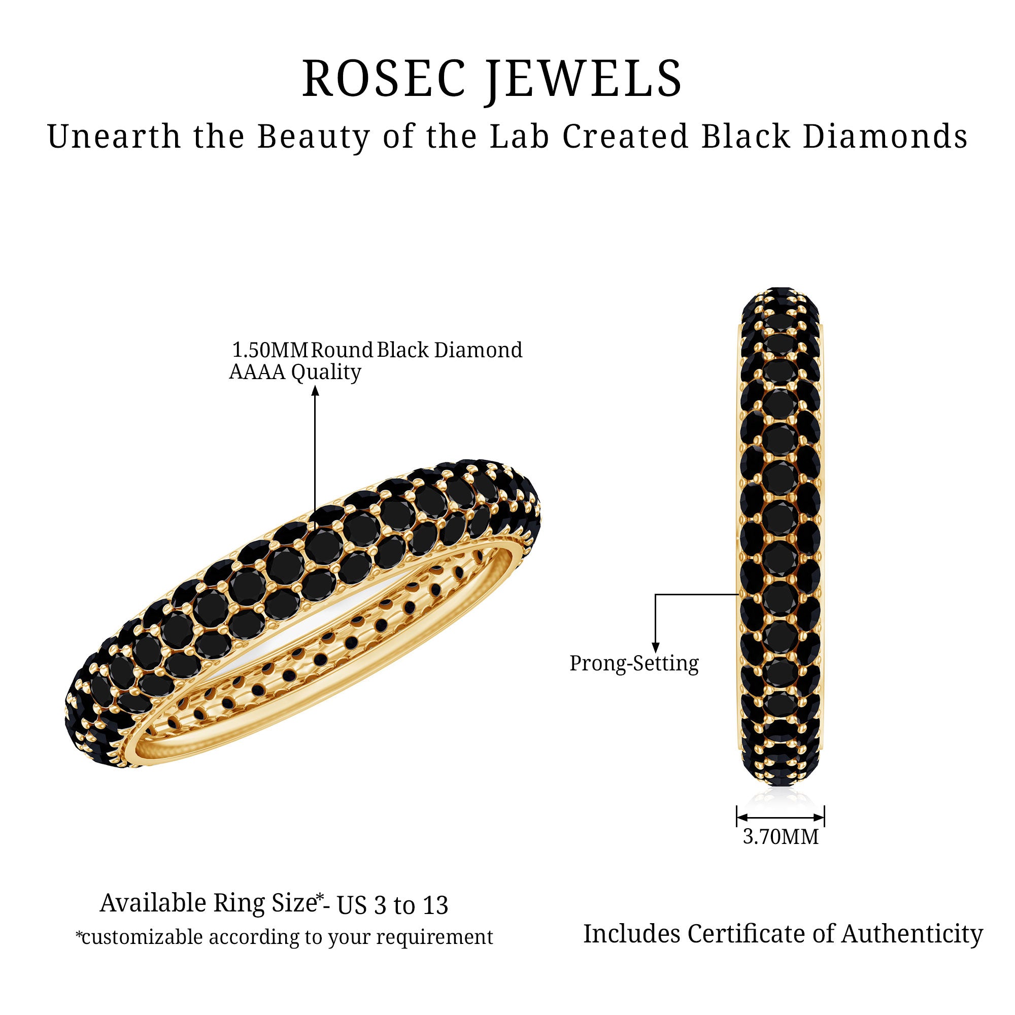 Certified Lab Grown Black Diamond 3 Row Eternity Band Ring AAAA ( Synthetic ) - Rosec Jewels
