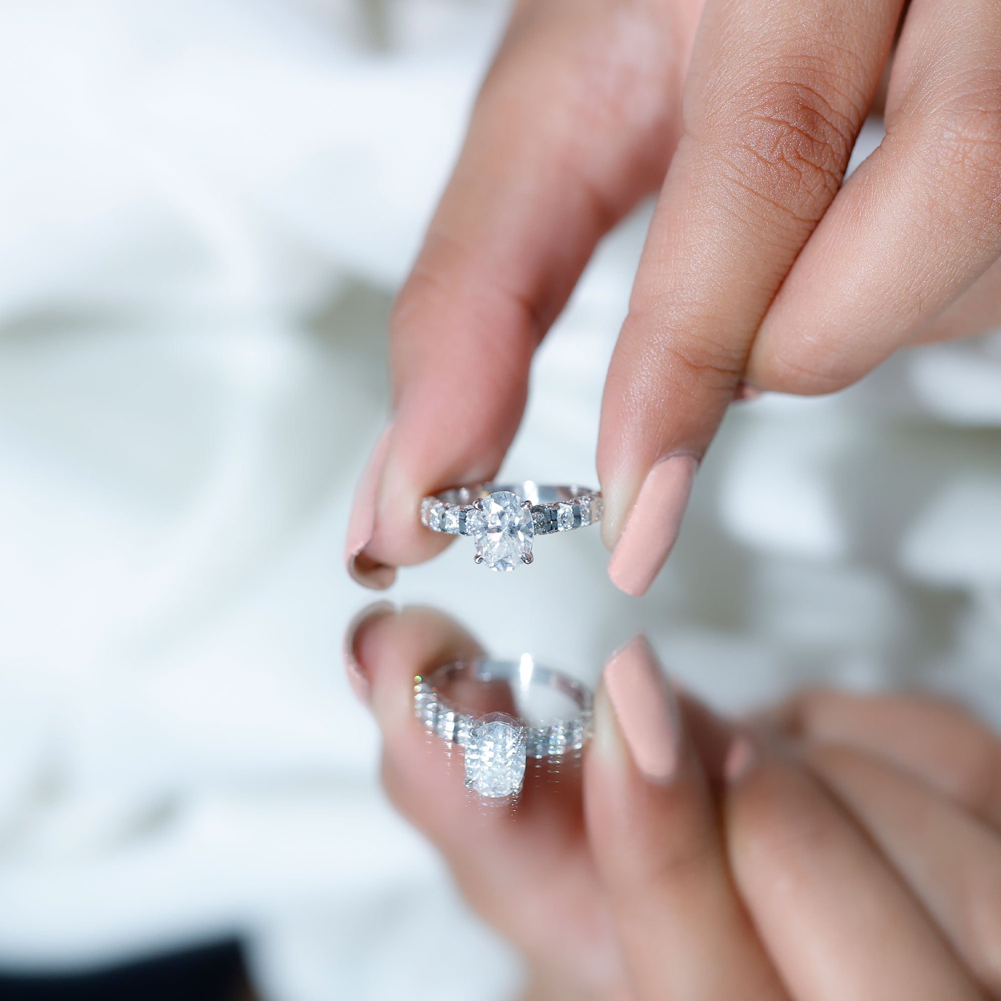 Rosec Jewels-Oval Moissanite Solitaire Engagement Ring with Side Stones