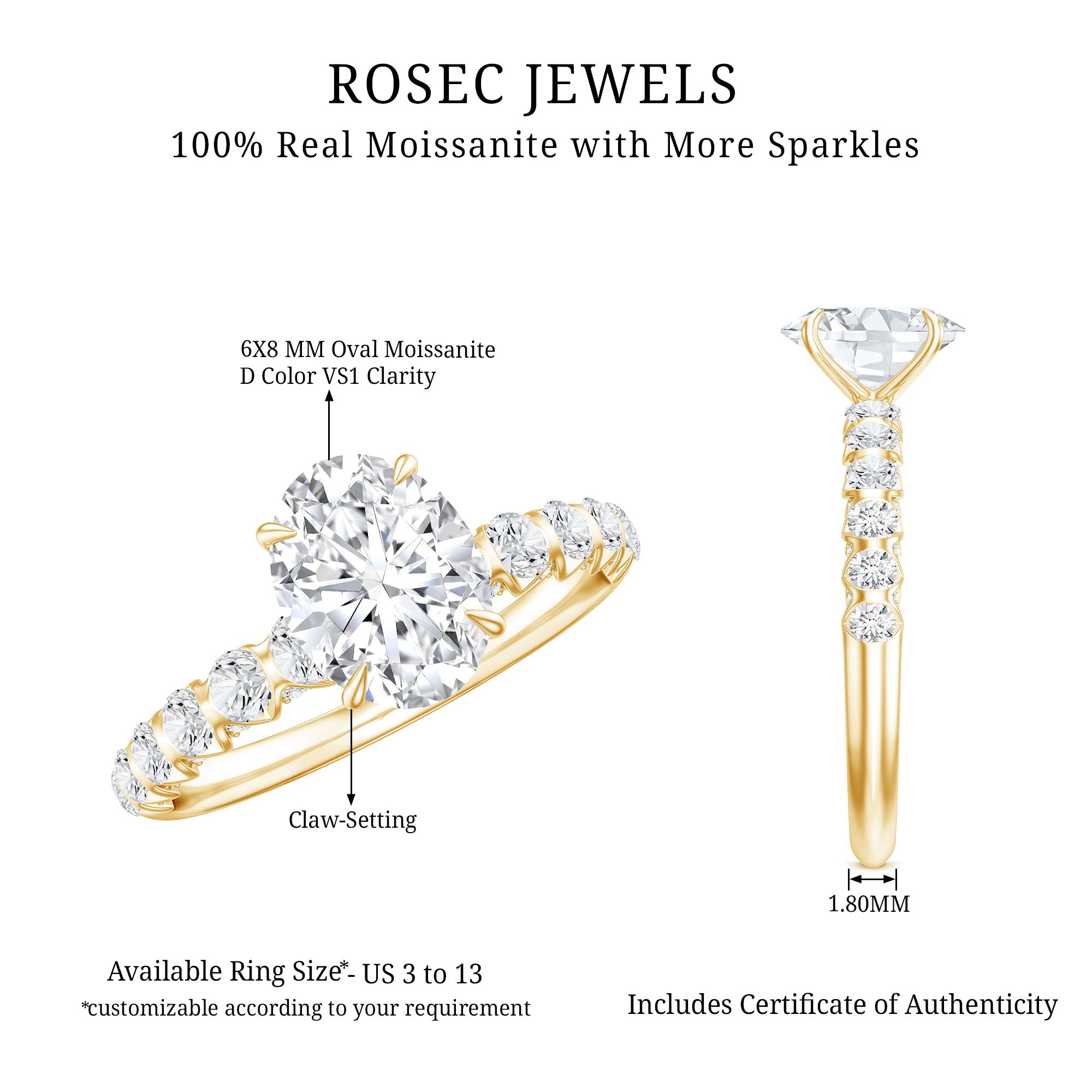 Rosec Jewels-Oval Moissanite Solitaire Engagement Ring with Side Stones