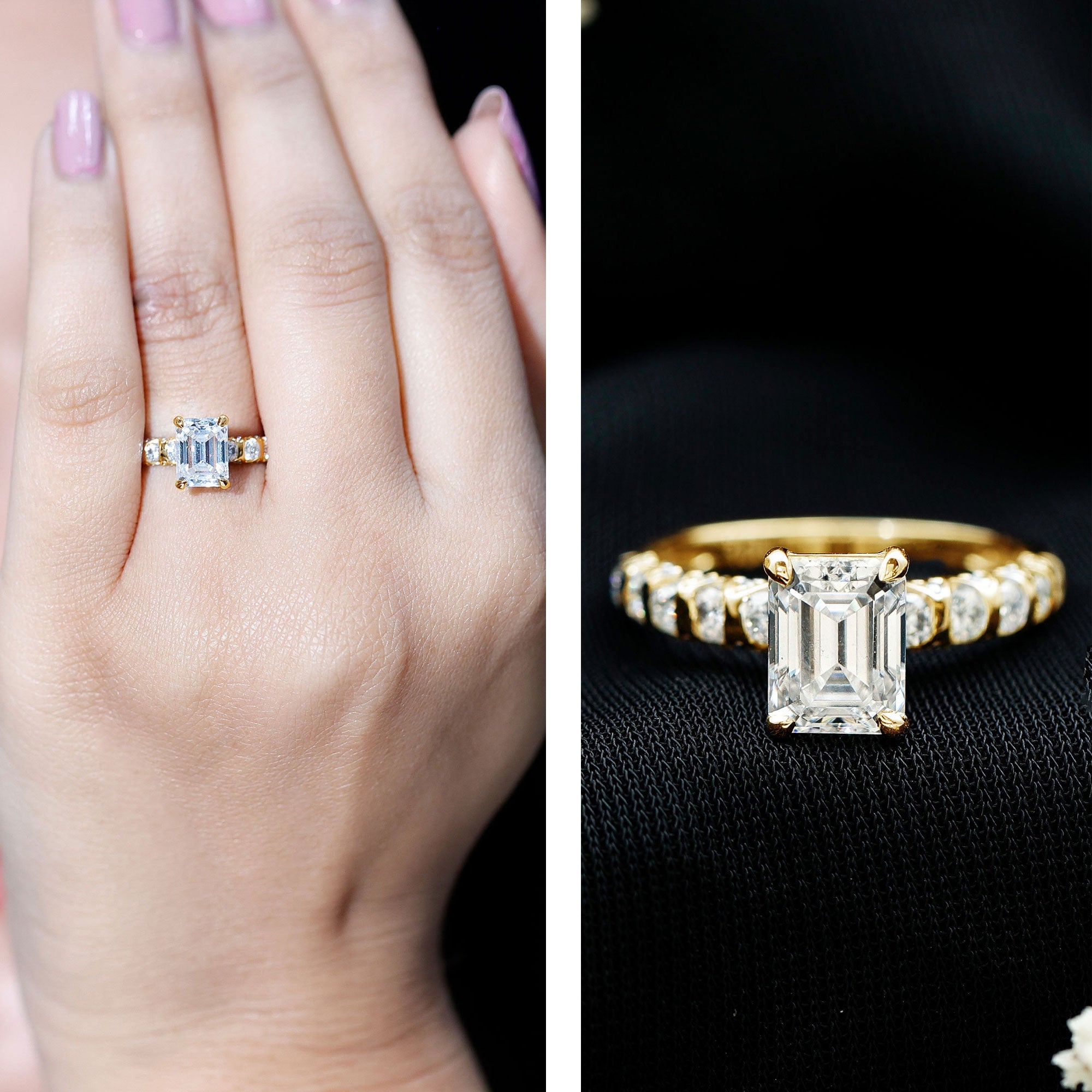 Rosec Jewels-Octagon Moissanite Solitaire Engagement Ring with Side Stones
