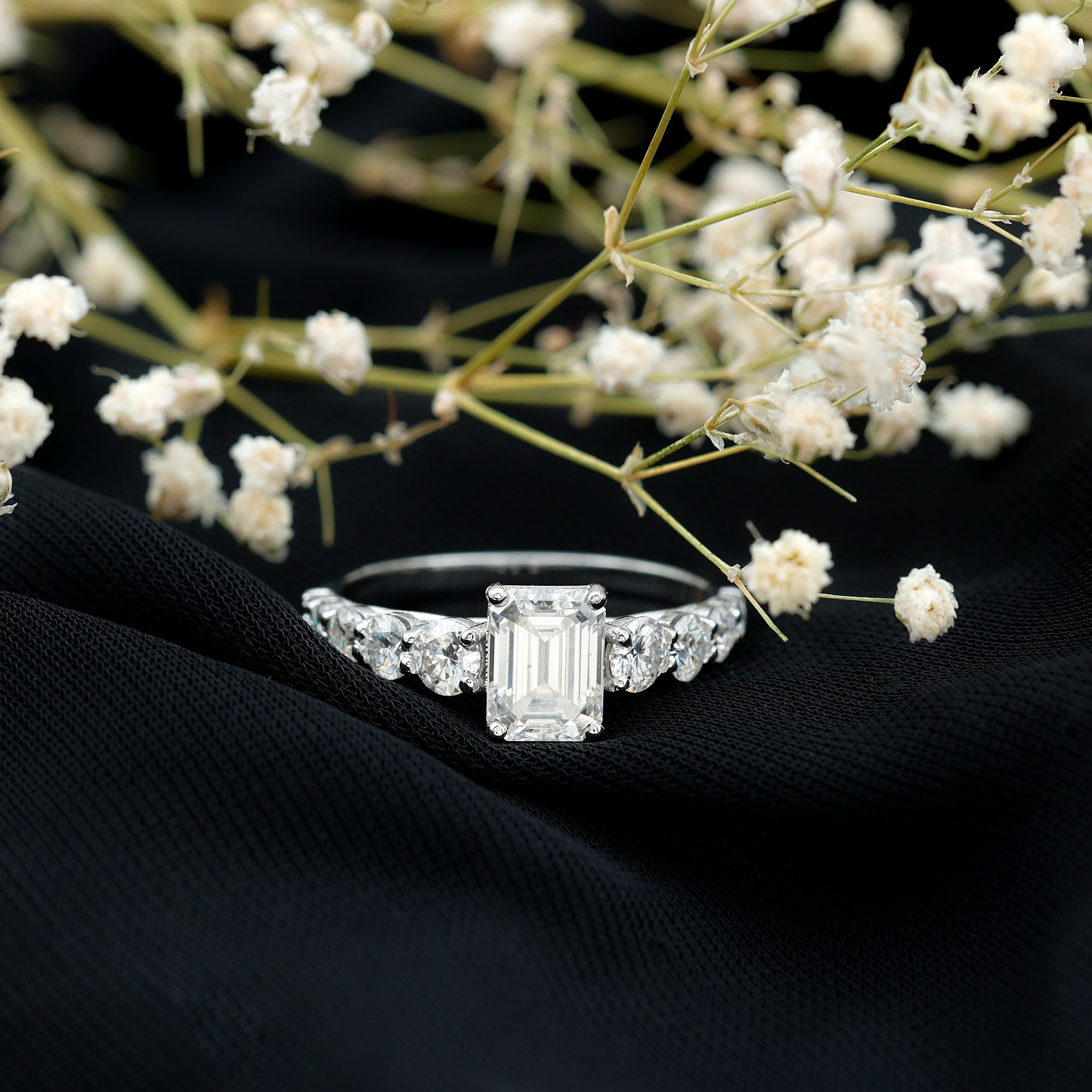 1.8 Carat Emerald Cut Moissanite Side Stone Engagement Ring with Certificate D-VS1 - Rosec Jewels