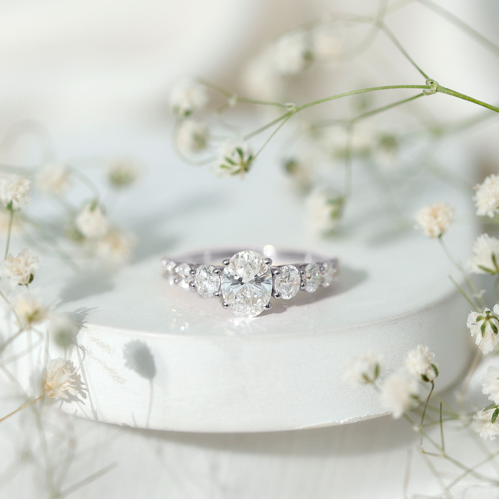 3 CT Oval Cut Moissanite Side Stone Engagement Ring D-VS1 - Rosec Jewels