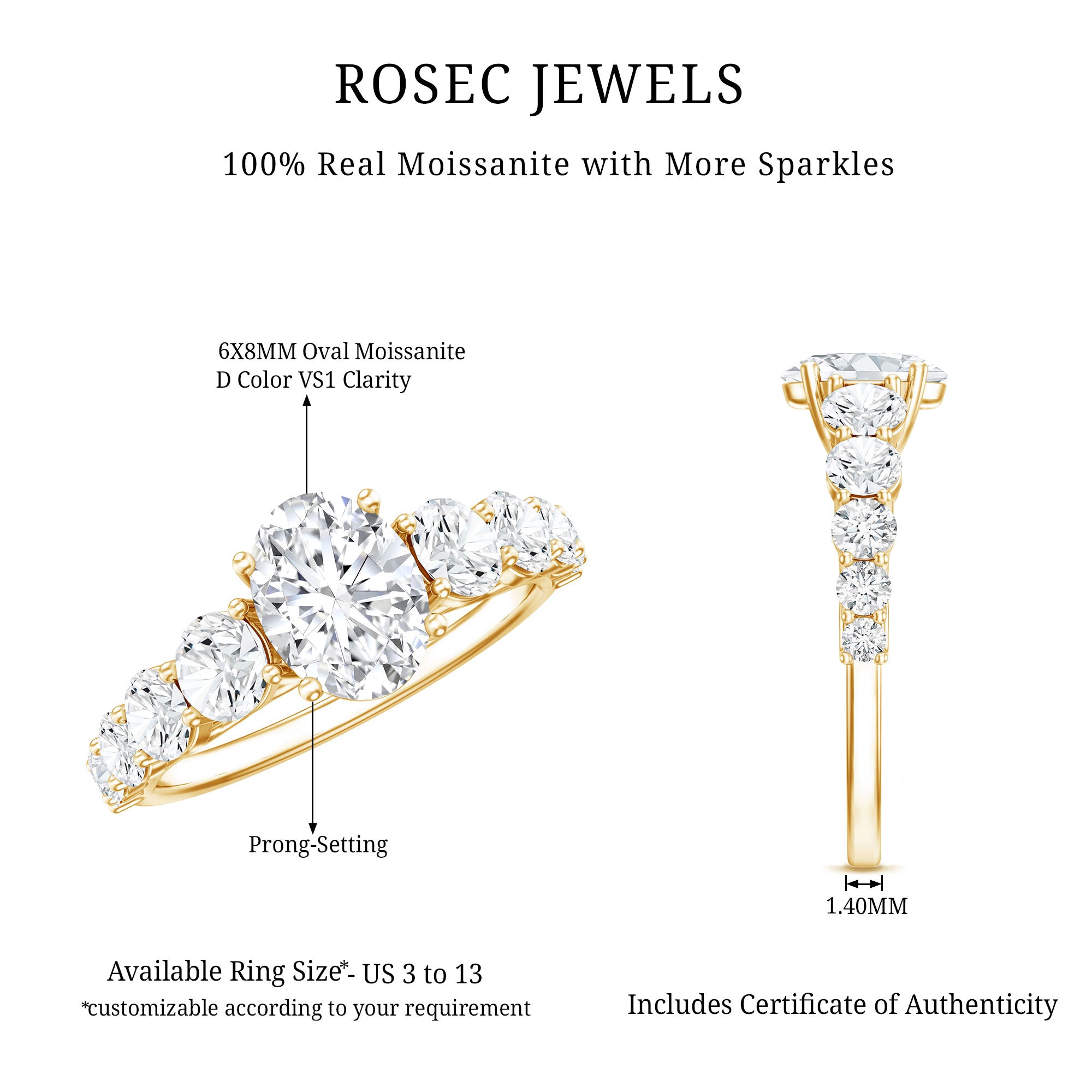 3 CT Oval Cut Moissanite Side Stone Engagement Ring D-VS1 - Rosec Jewels