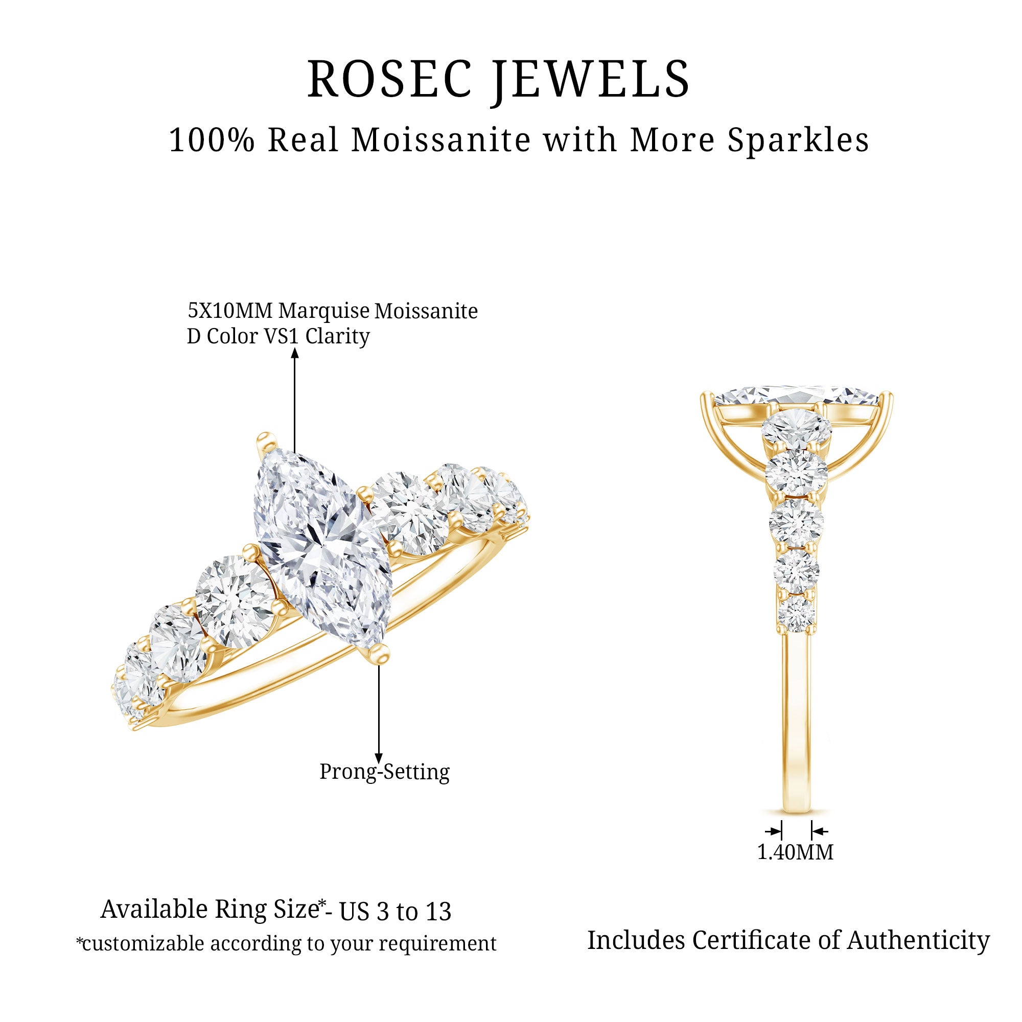Rosec Jewels-Marquise Moissanite Engagement Ring With Side Stones