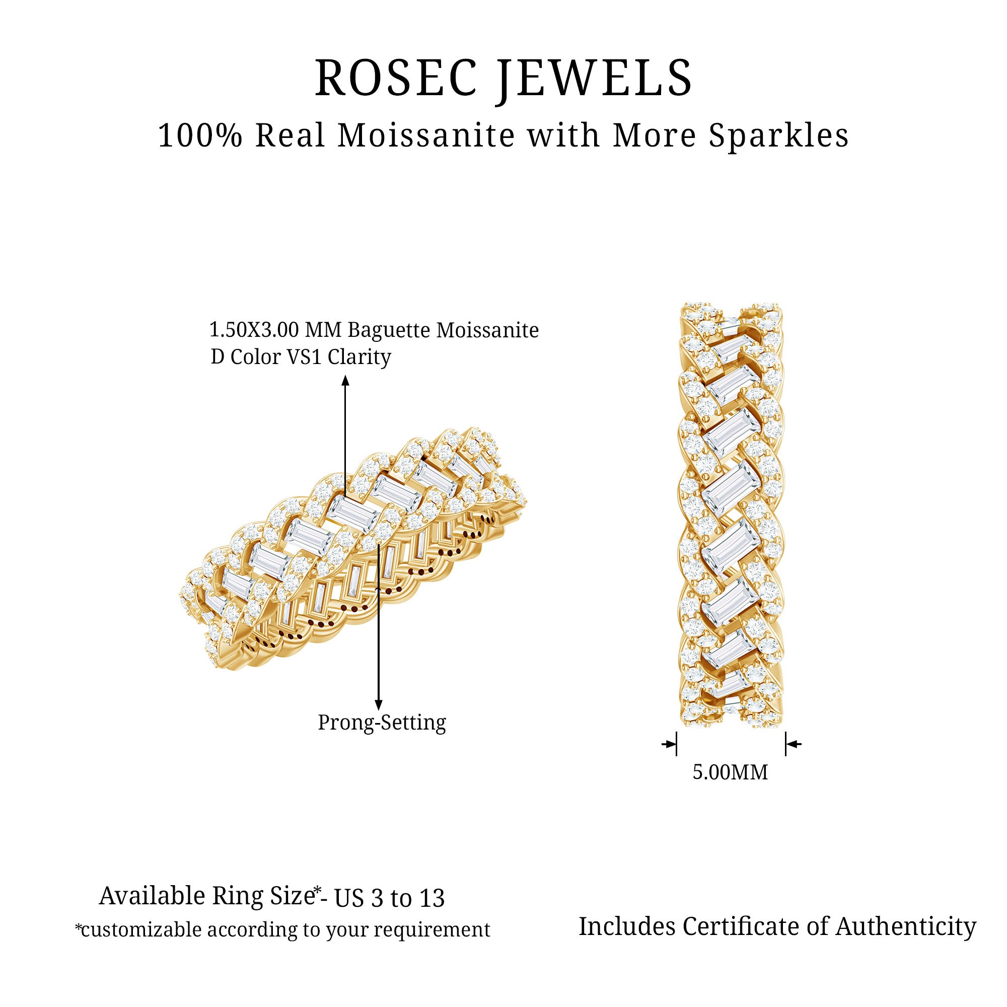 Baguette and Round Moissanite Braided Wedding Band D-VS1 - Rosec Jewels