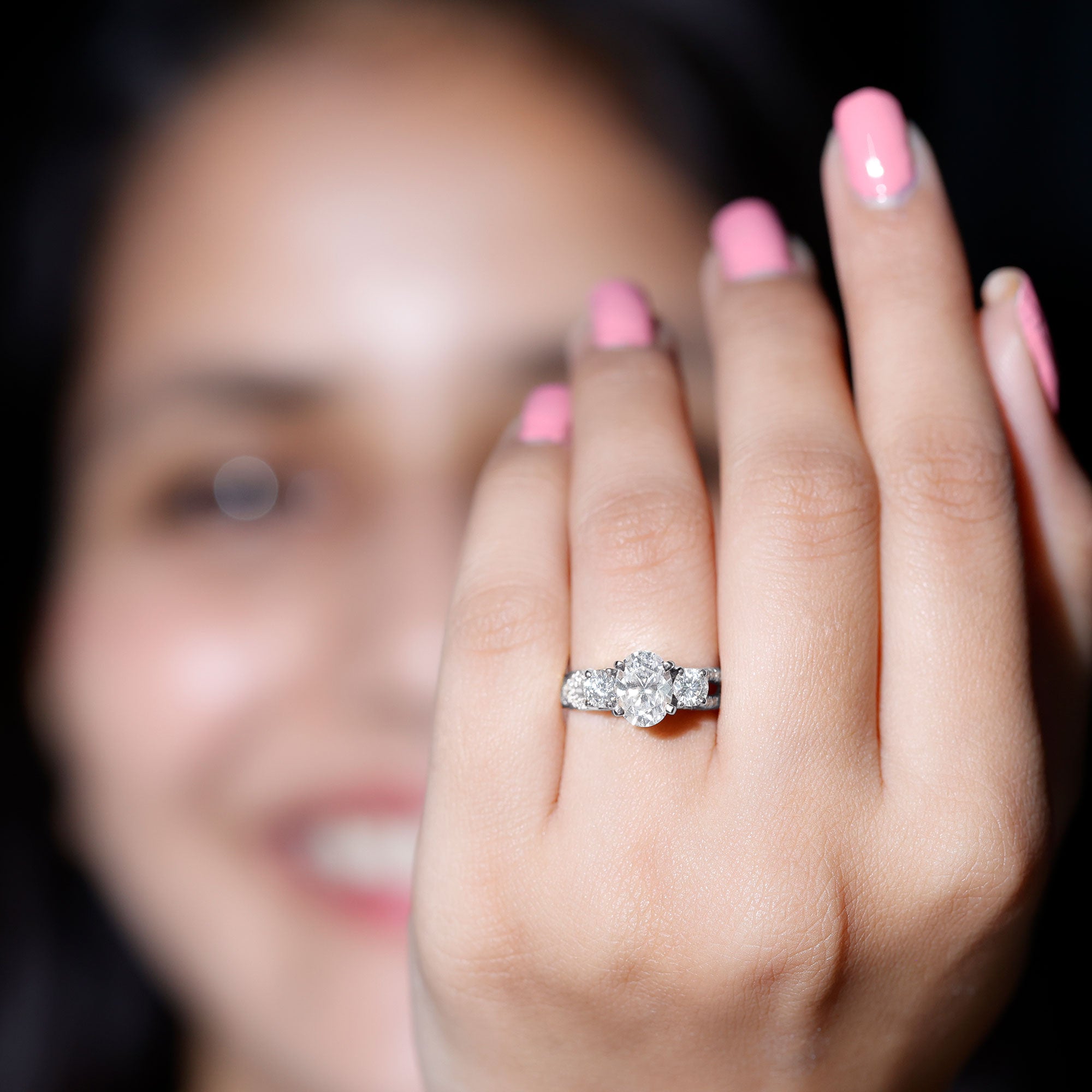 Certified Moissanite Three Stone Engagement Ring with Crossover Shank D-VS1 - Rosec Jewels