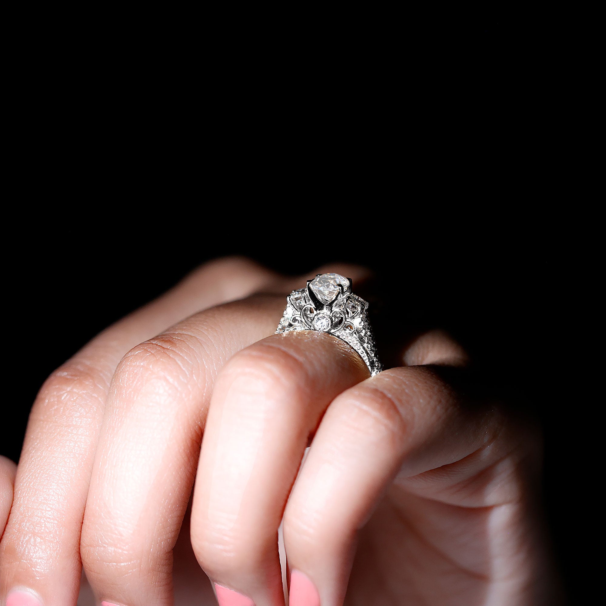Certified Moissanite Three Stone Engagement Ring with Crossover Shank D-VS1 - Rosec Jewels