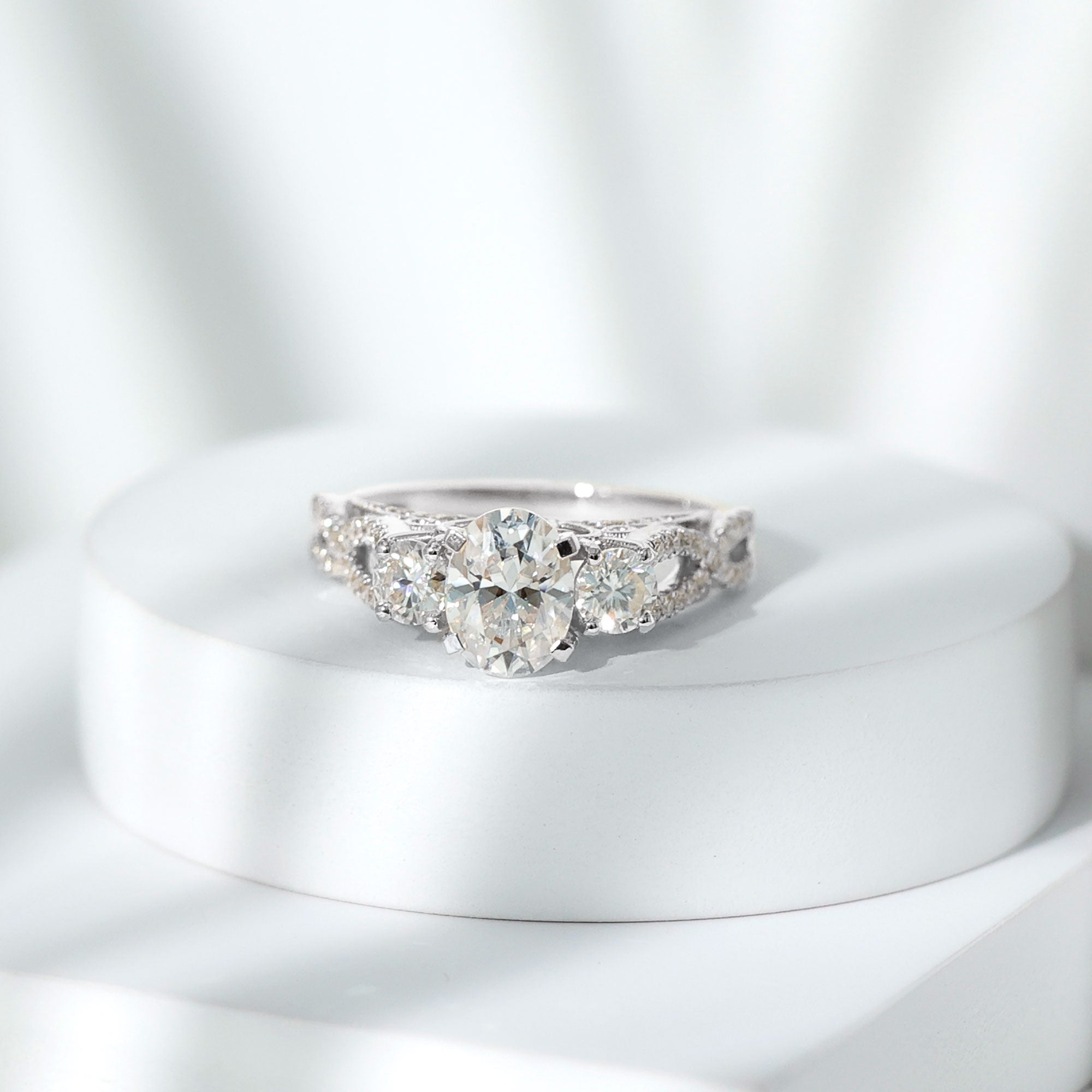 Certified Moissanite Three Stone Engagement Ring with Crossover Shank D-VS1 - Rosec Jewels