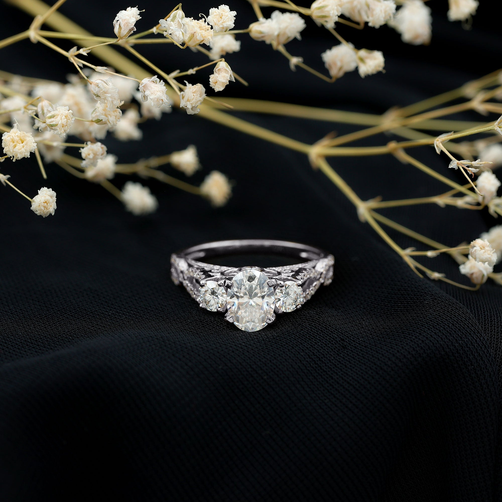 Certified Moissanite Three Stone Engagement Ring with Crossover Shank D-VS1 - Rosec Jewels