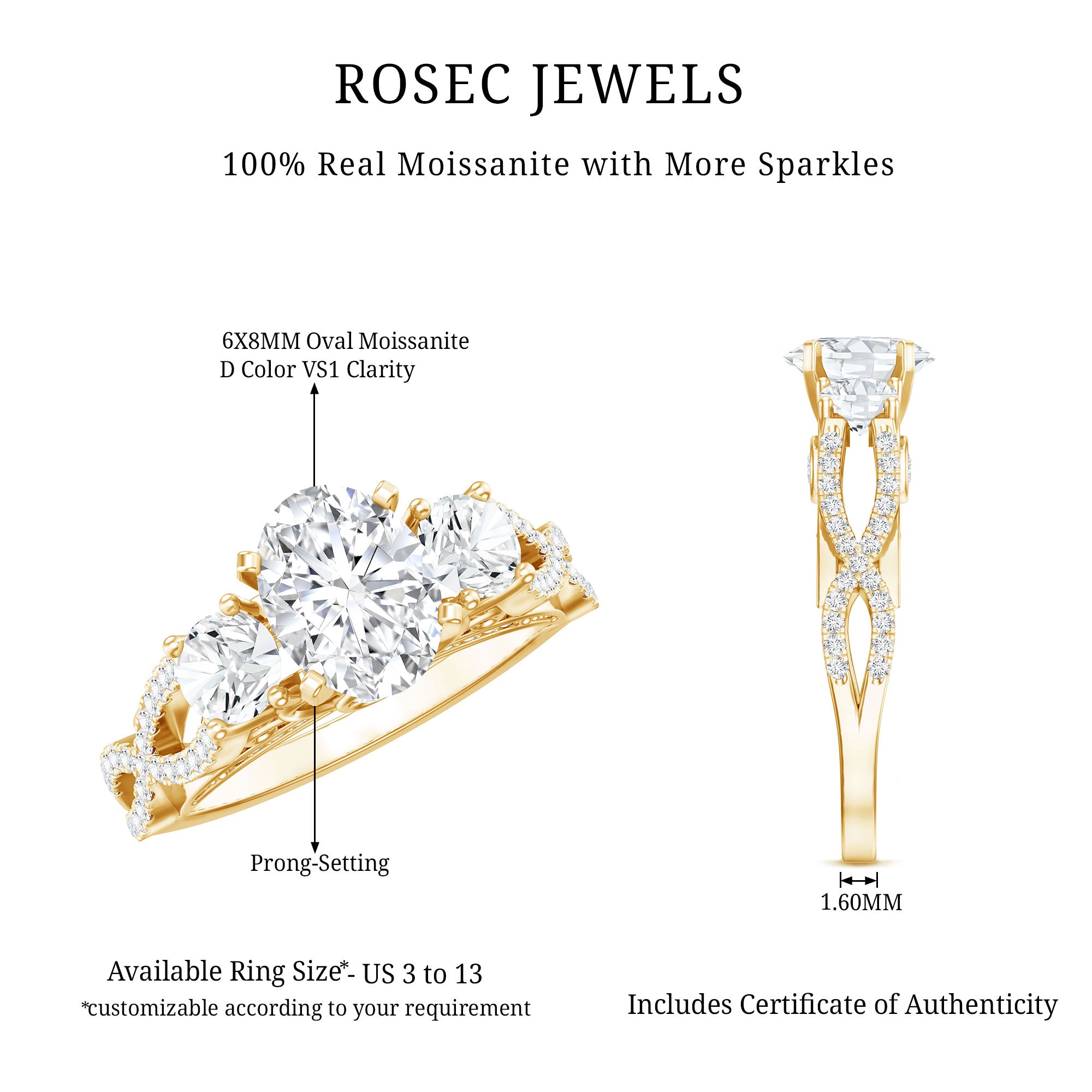 Certified Moissanite Three Stone Engagement Ring with Crossover Shank D-VS1 - Rosec Jewels