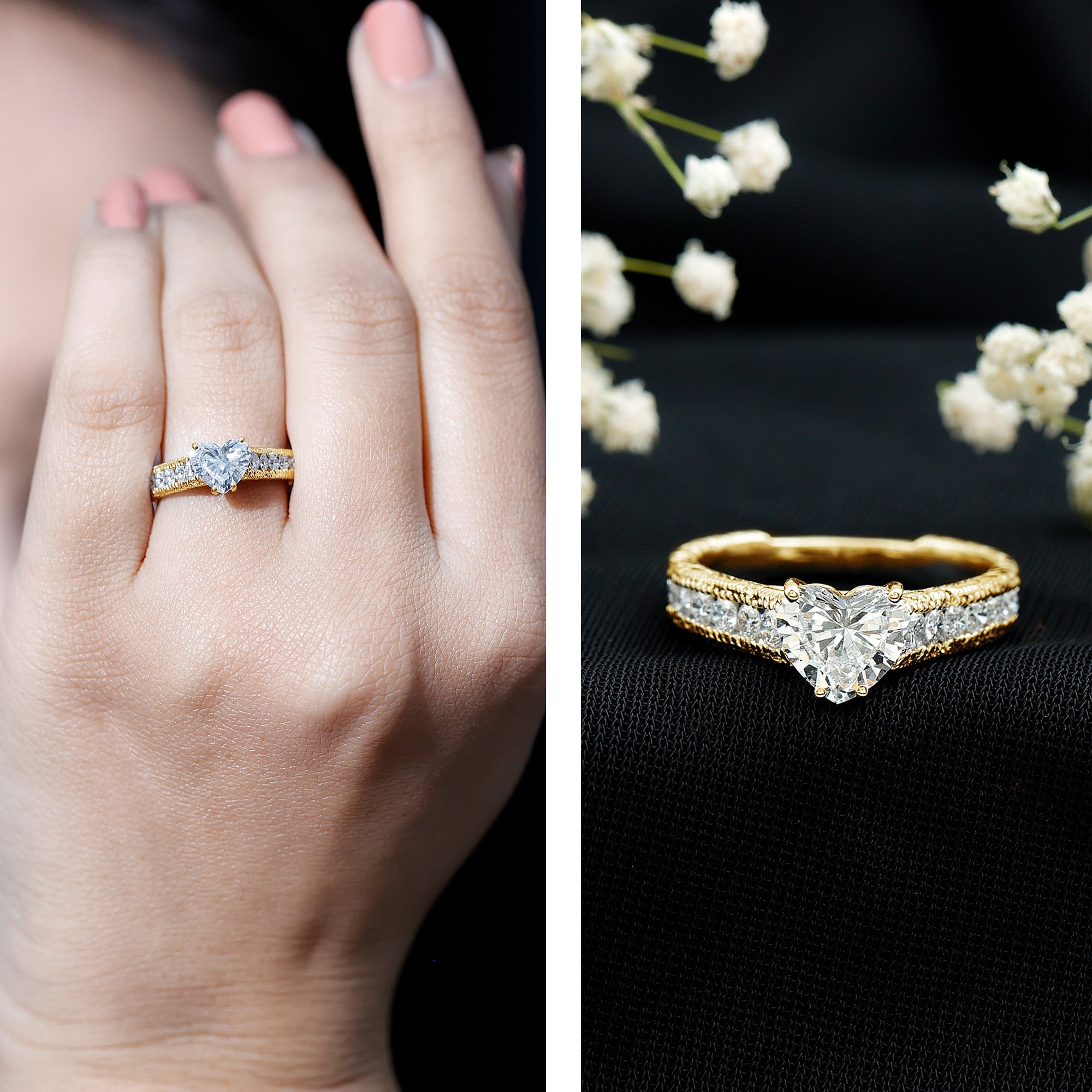 2 CT Moissanite Heart Engagement Ring with Beaded Details D-VS1 - Rosec Jewels