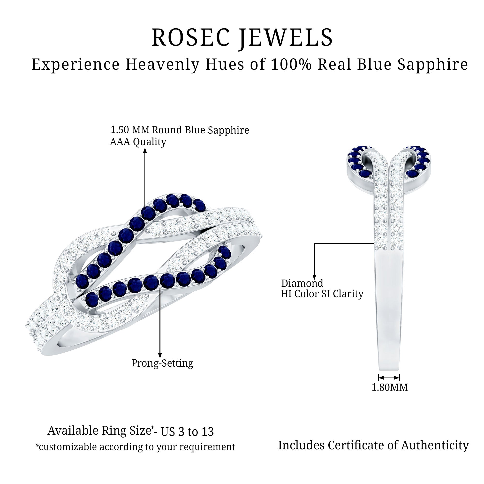 Rosec Jewels-Natural Blue Sapphire Diamond Interlock Ring for Women