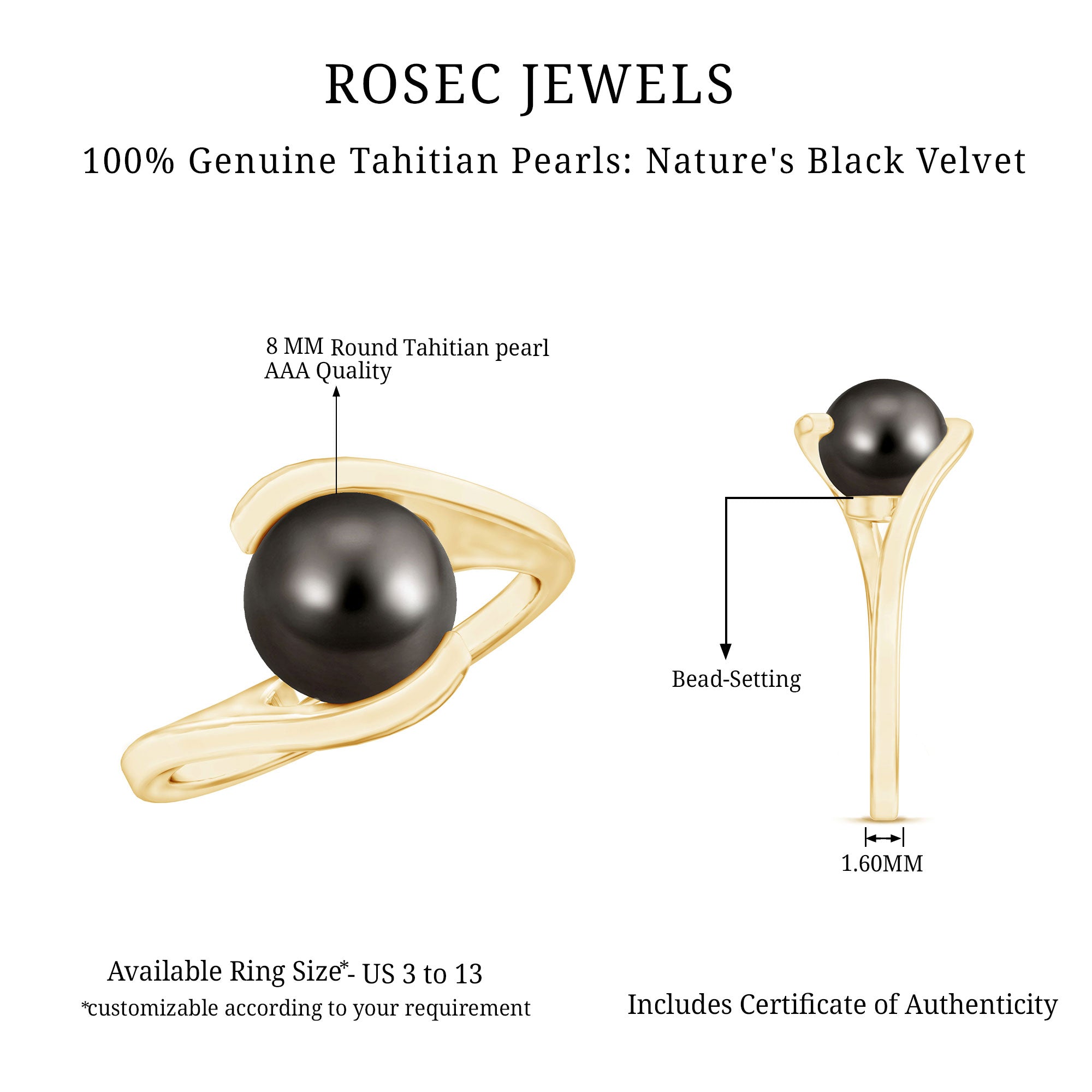 Rosec Jewels-Tahitian Black Pearl Solitaire Bypass Engagement Ring