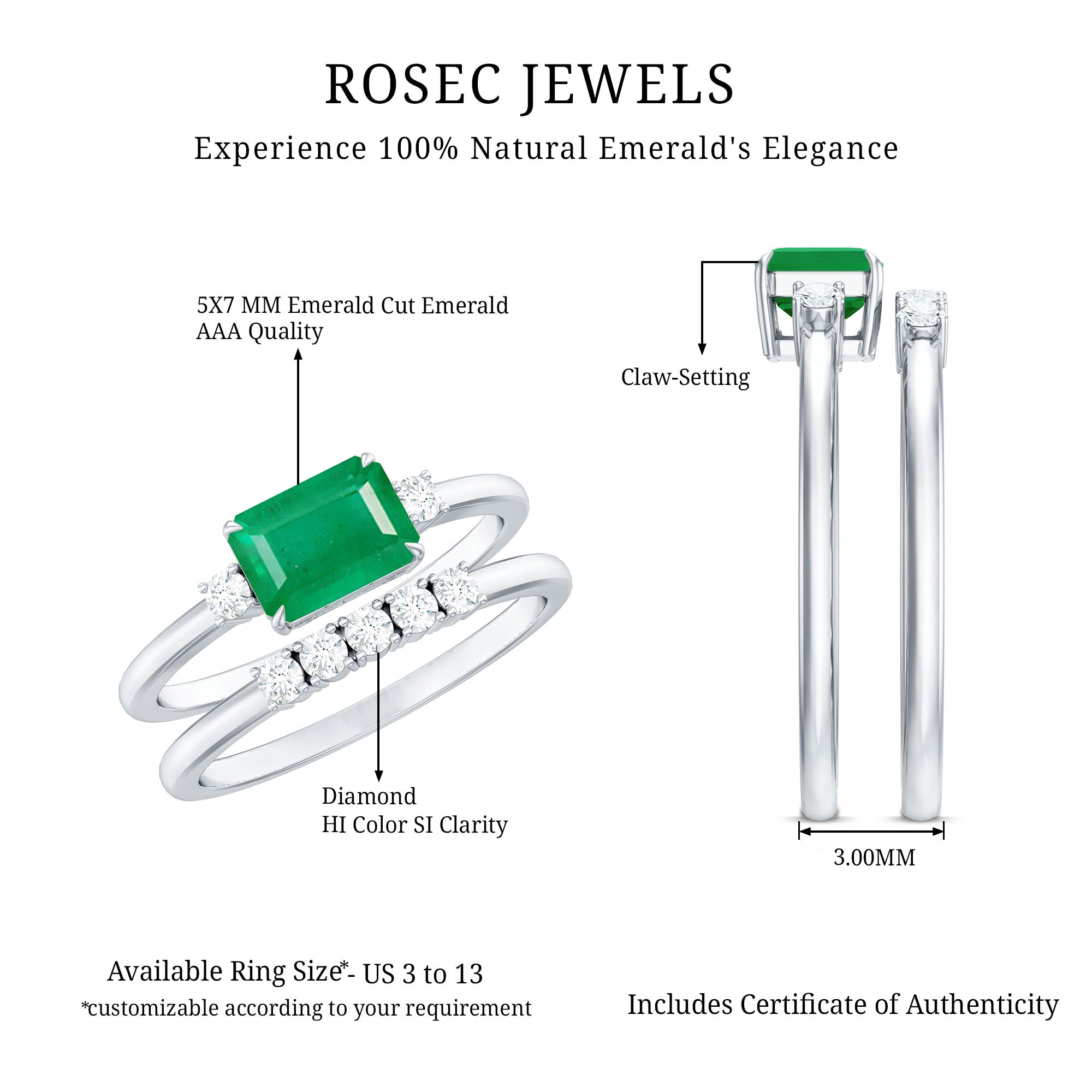 Rosec Jewels-Natural Emerald Cut Emerald Diamond East West Engagement Ring and Wedding Band Set