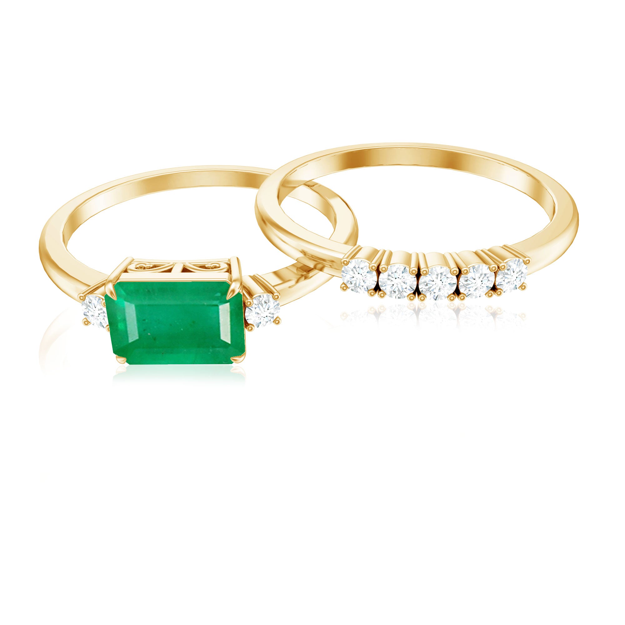 Rosec Jewels-Natural Emerald Cut Emerald Diamond East West Engagement Ring and Wedding Band Set