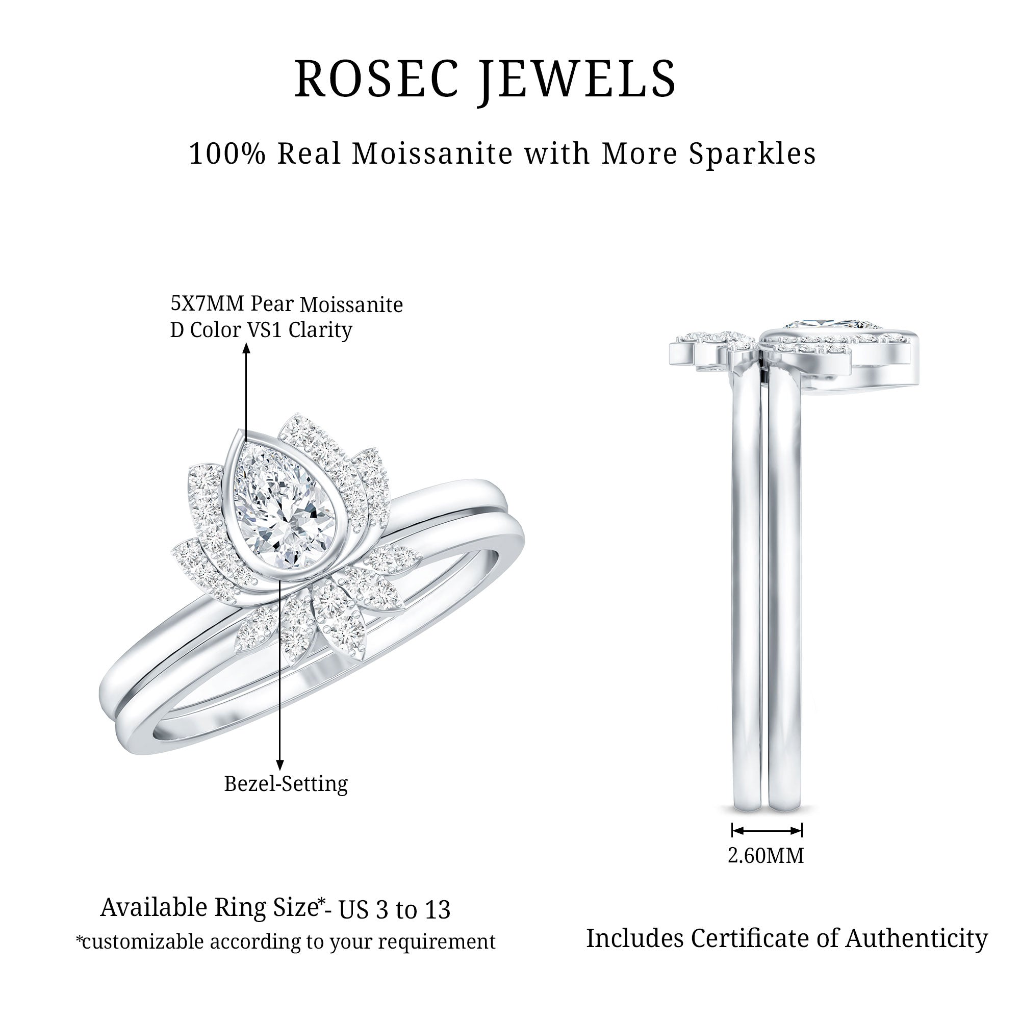Rosec Jewels-Certified Moissanite Lotus Flower Bridal Ring Set