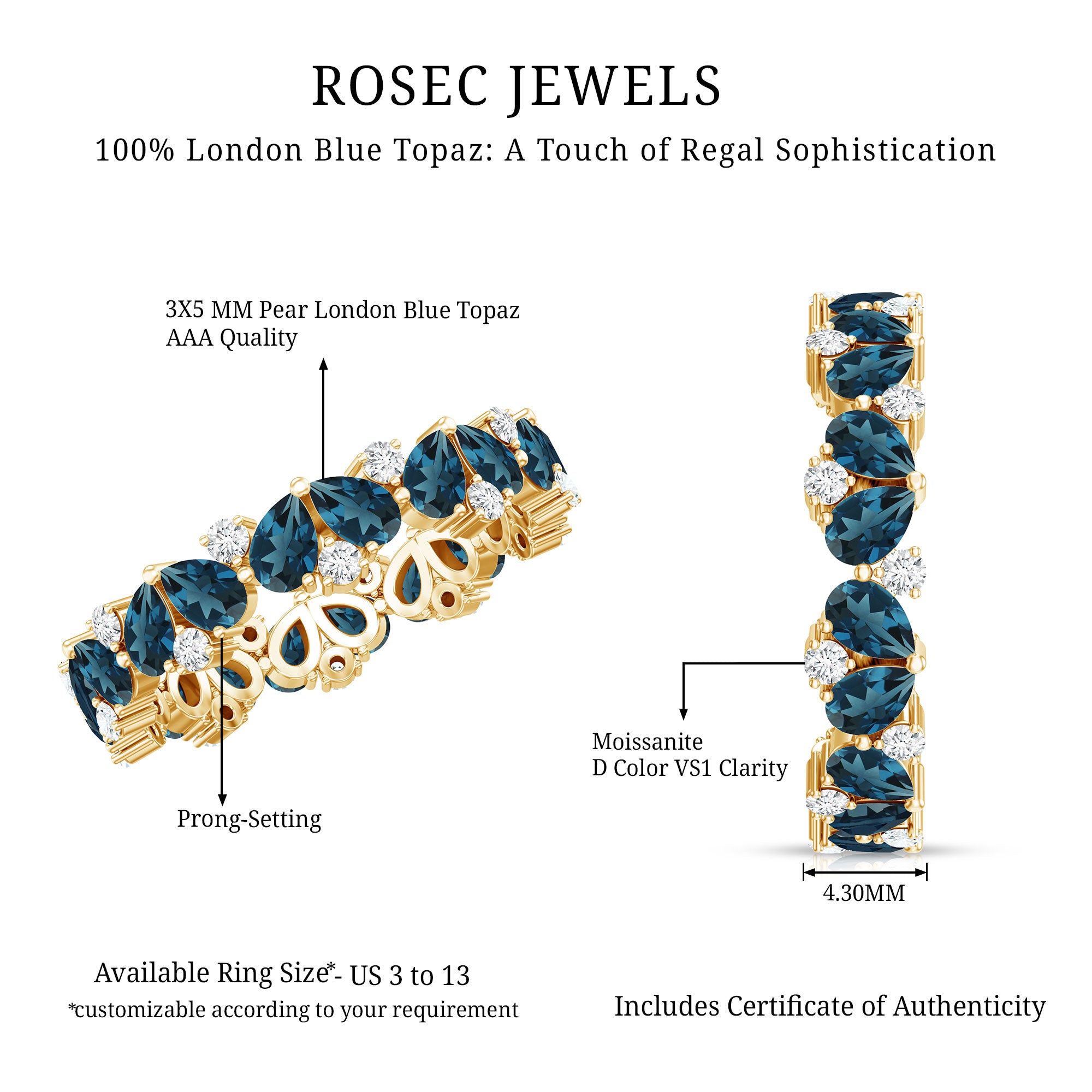 Pear Shaped London Blue Topaz and Diamond Full Eternity Band AAA - Rosec Jewels