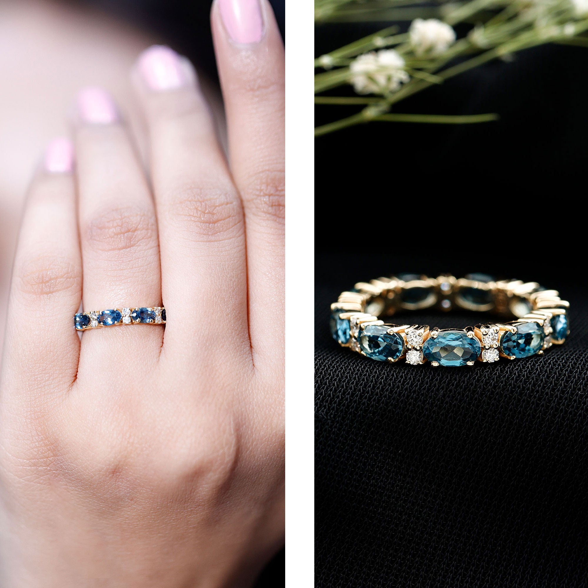 Oval Cut London Blue Topaz Full Eternity Band with Diamond AAA - Rosec Jewels