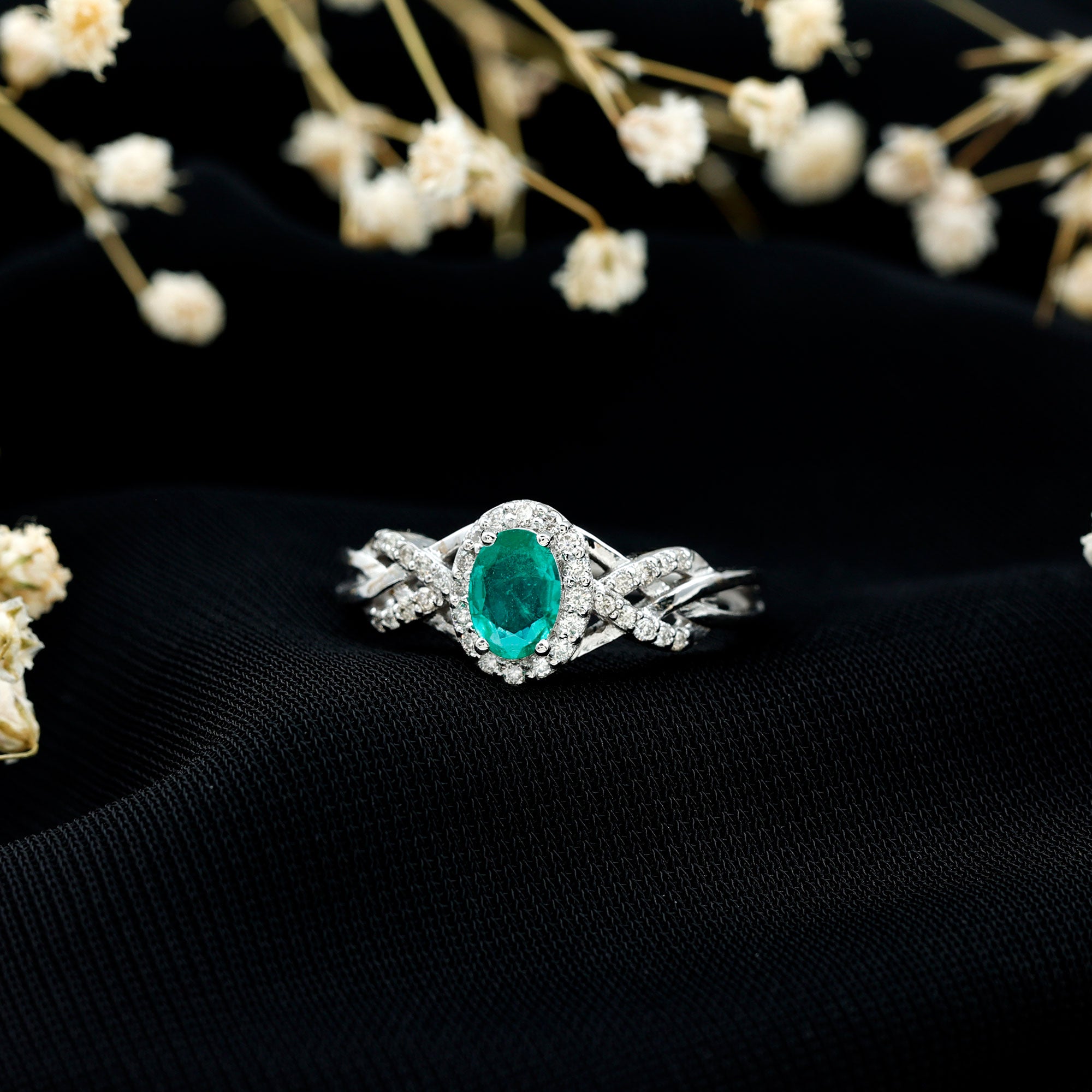 Designer Emerald Oval Engagement Ring with Diamond Halo AAA - Rosec Jewels