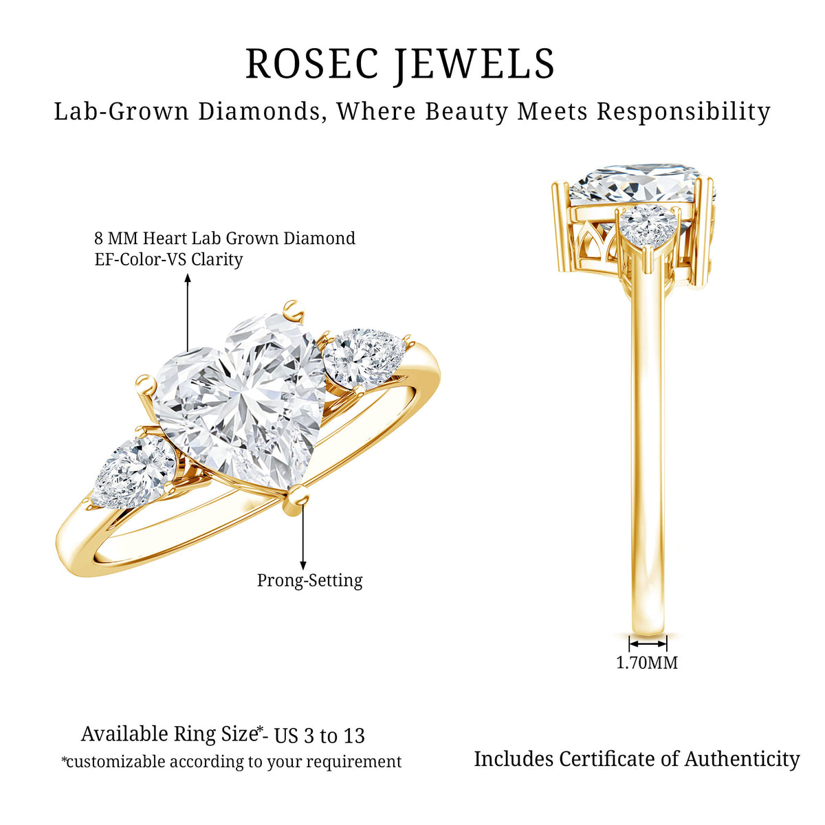 IGI Certified 2 Carat Lab Grown Diamond Heart Engagement Ring with Side Stones Lab - ( E-VS1 ) - Rosec Jewels