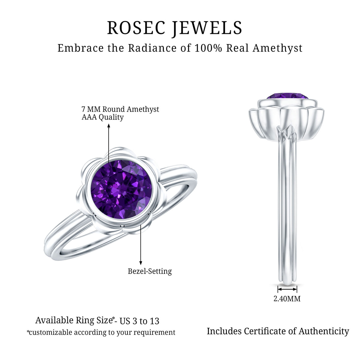 1.2 Carat Amethyst Engagement Ring in Bezel Setting AAA - Rosec Jewels