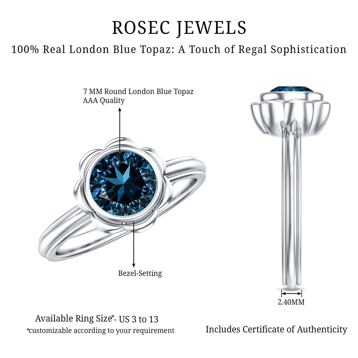 Genuine 1.35 Carat London Blue Topaz Solitaire Engagement Ring AAA - Rosec Jewels