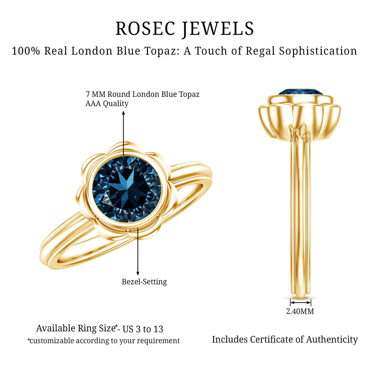 Genuine 1.35 Carat London Blue Topaz Solitaire Engagement Ring AAA - Rosec Jewels