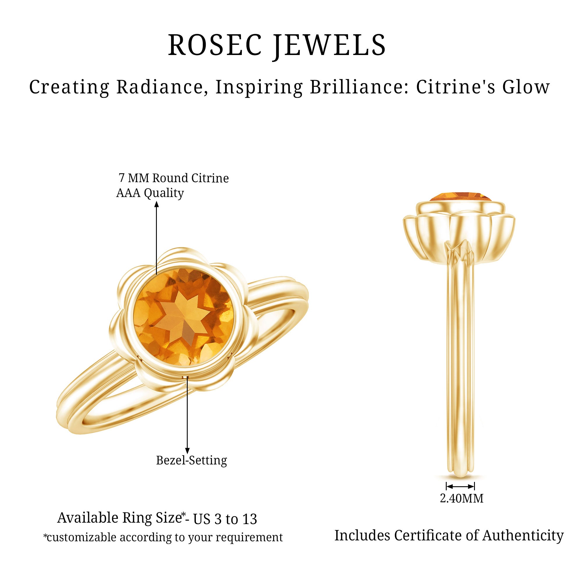 Rosec Jewels-1 Carat Citrine Solitaire Engagement Ring in Bezel Setting